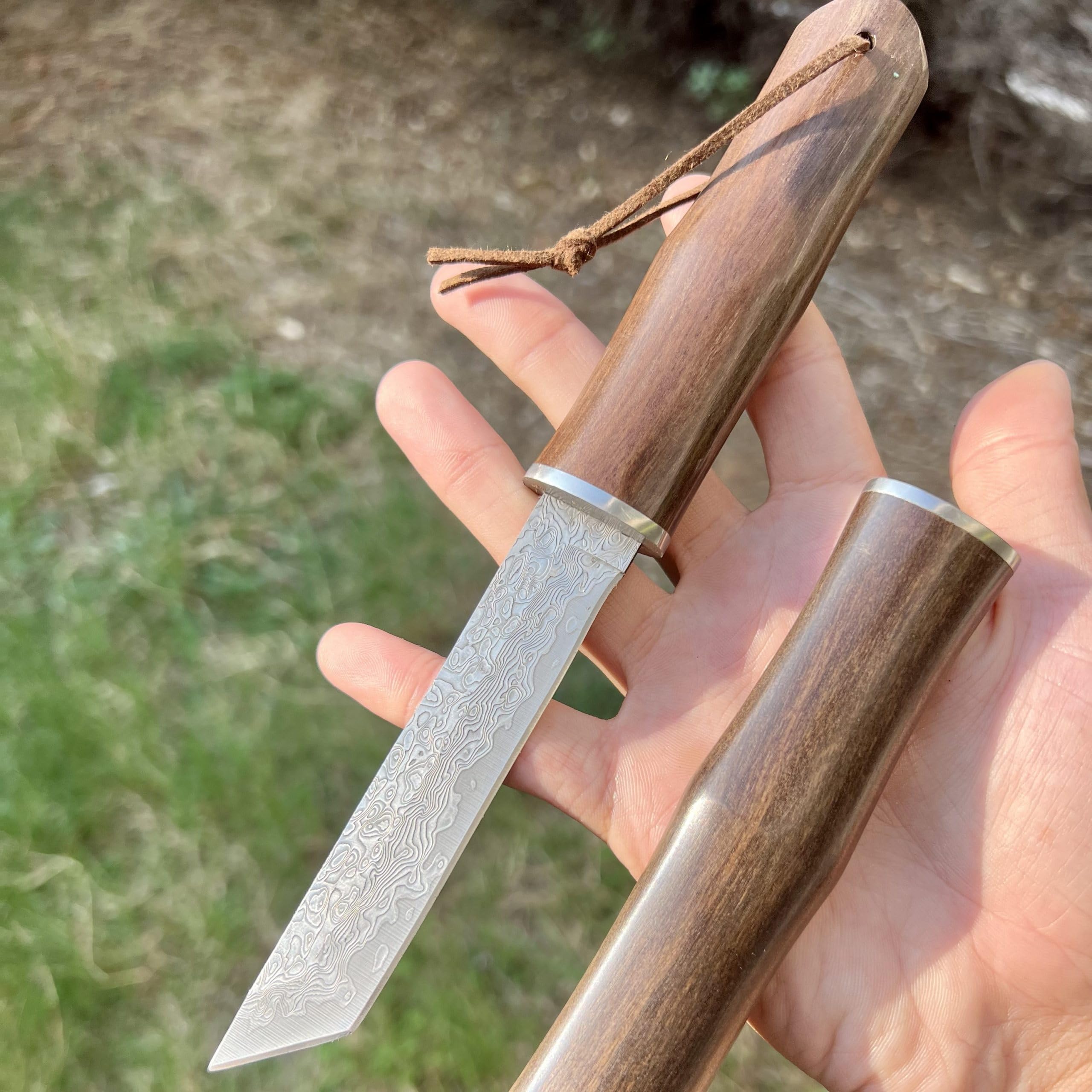 Couteau Damas Tanto Camping Lame Fixe Acier Damascus Style Japonais Manche Intégral Bois Collection Custom Cadeau Homme Suminagashi VG10 forge artisanat tranchant camping exterieur
