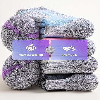 Niorasen Walking Hiking Socks Womens 5 Pairs, Cushioned Breathable Cotton Boot Socks, Anti Blister Ladies Crew Athletic Sports Sock for Running Gym Climbing
