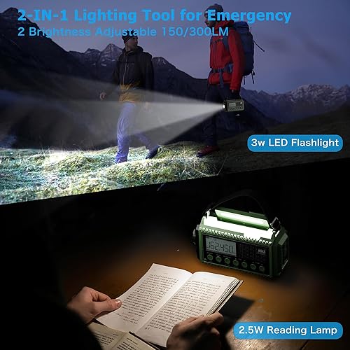 Miniatura 5 de NOAA - Radio meteorológica de 12000 mAh, radio de emergencia, manivela solar, funciona con pilas, radio portátil de onda corta AMFM con cargador