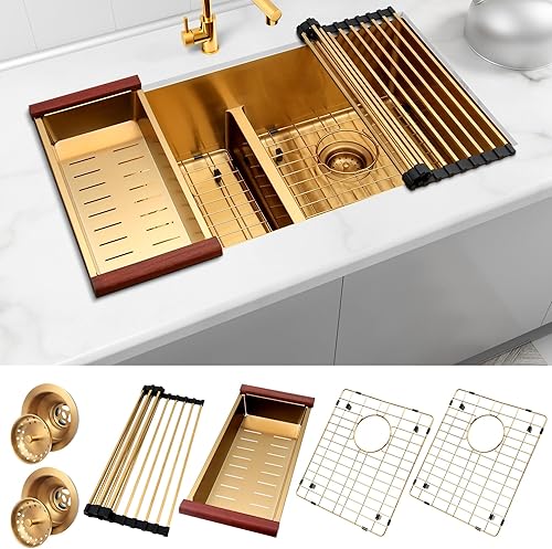 Fregadero de cocina dorado, fregadero de cocina hecho a mano de 32 x 18 pulgadas, doble tazón 5050, calibre 16, acero inoxidable con accesorios