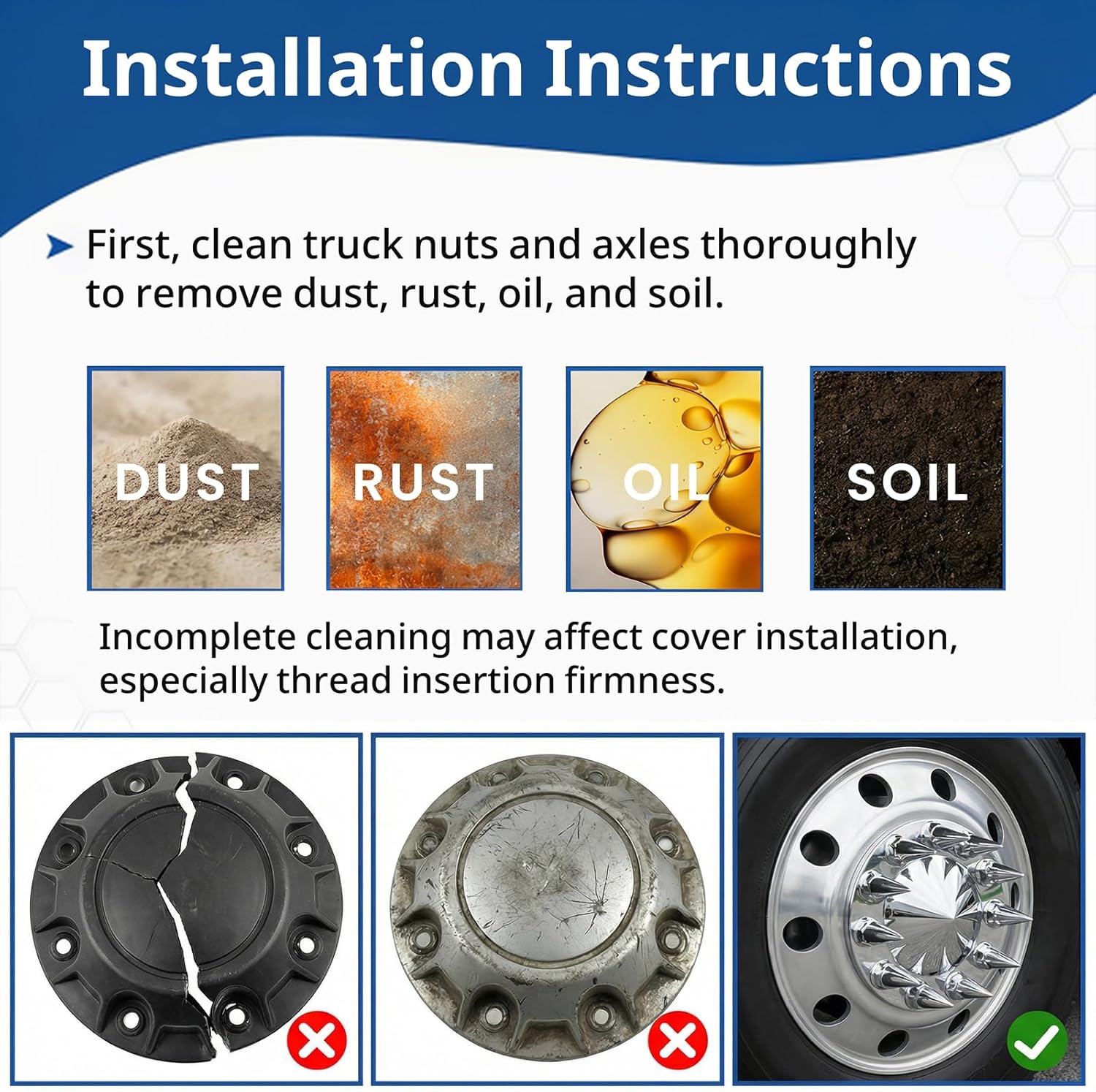 High Soar Chrome Front Hub Covers Set ABS with 33mm Spiked Thread-on Cone Lug Nut Covers for Semi Trucks Accessories, 2 Front