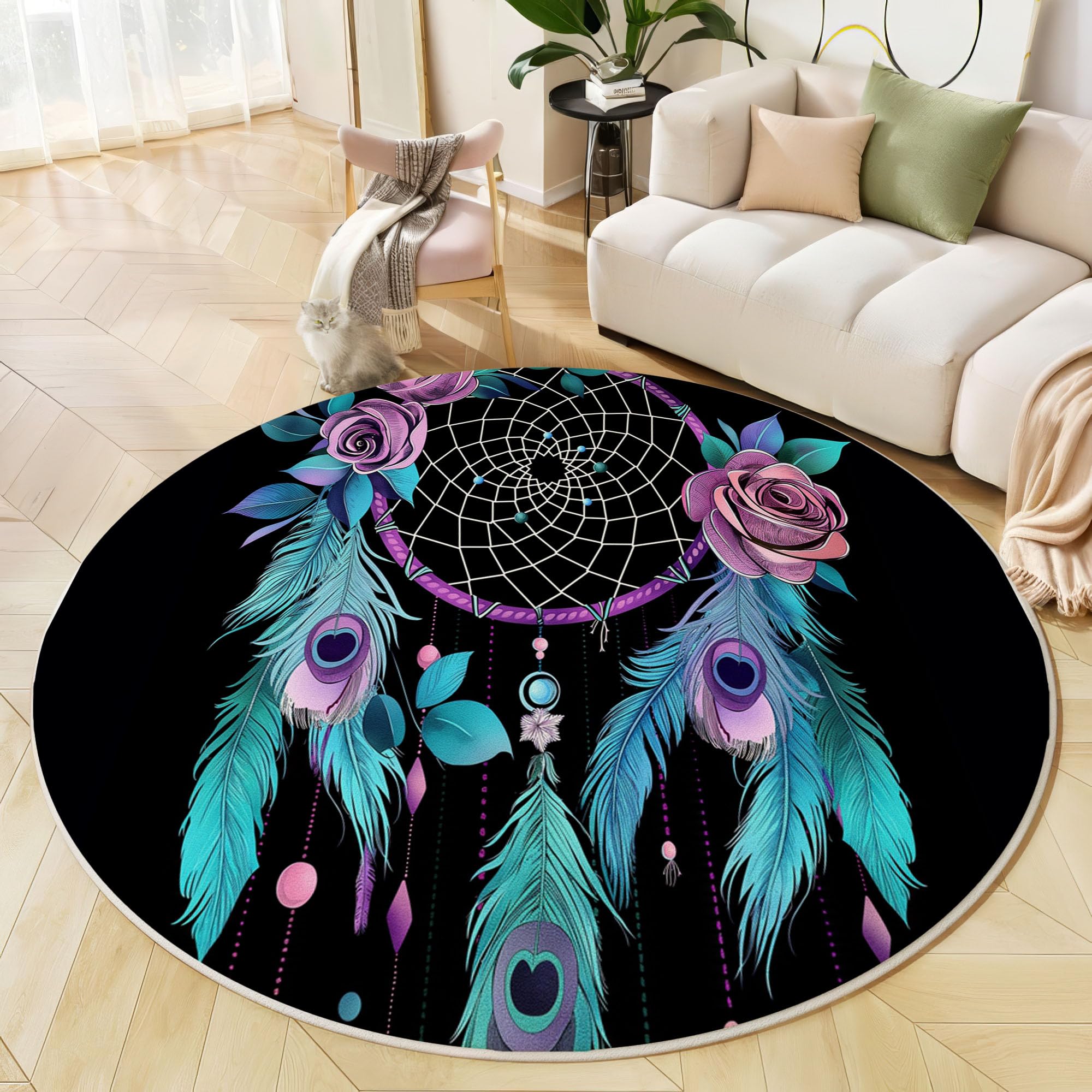 Kinder Teppich rund 120cm – Waschbar & rutschfest | Traumthema Aquarell-Traumfänger für Jungen & Mädchen – Kinderzimmer, Babyzimmer, Wohnzimmer – blau-violett