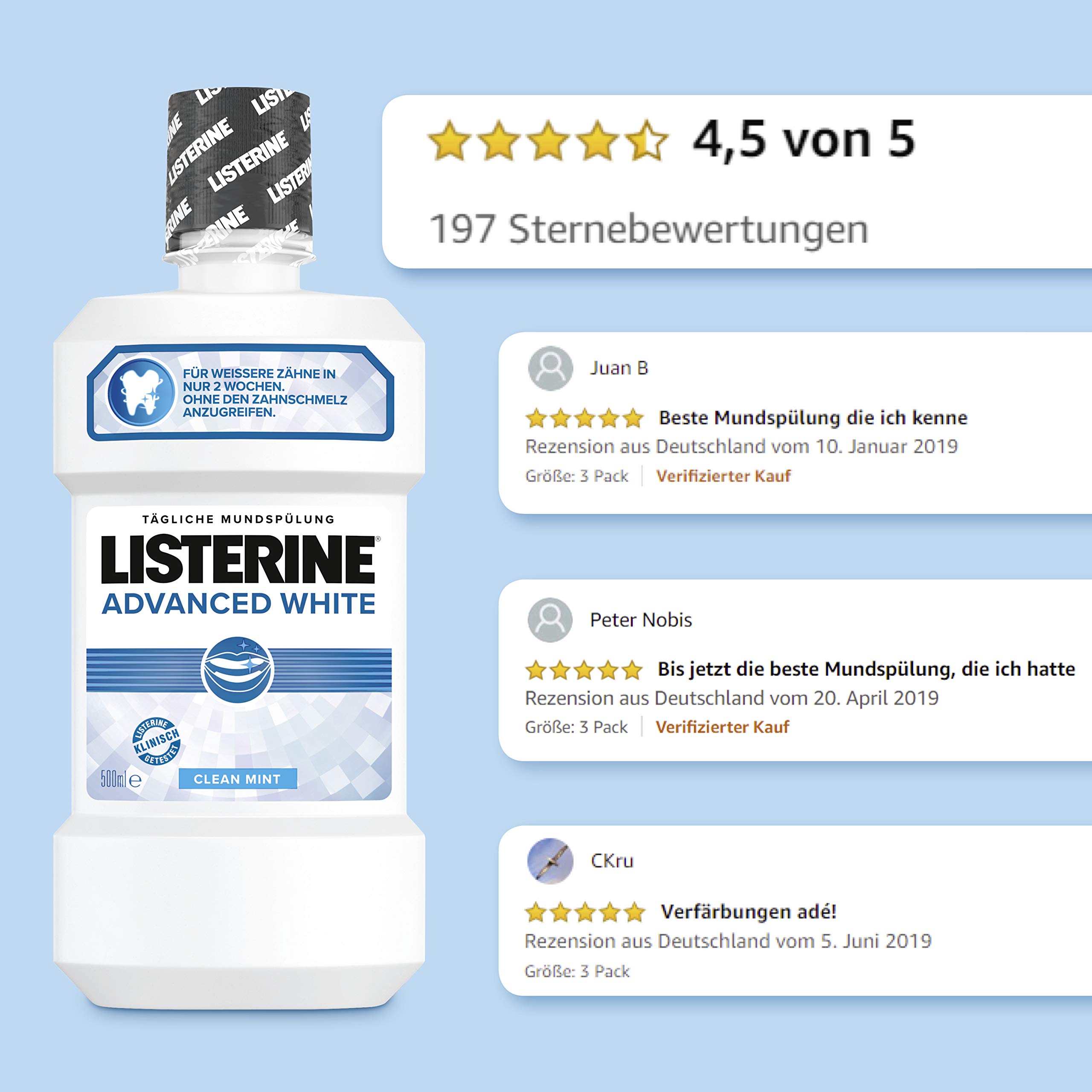 Listerine Enjuague bucal Advanced White antibacteriano para dientes blancos y encías saludables (3 x 500 ml)