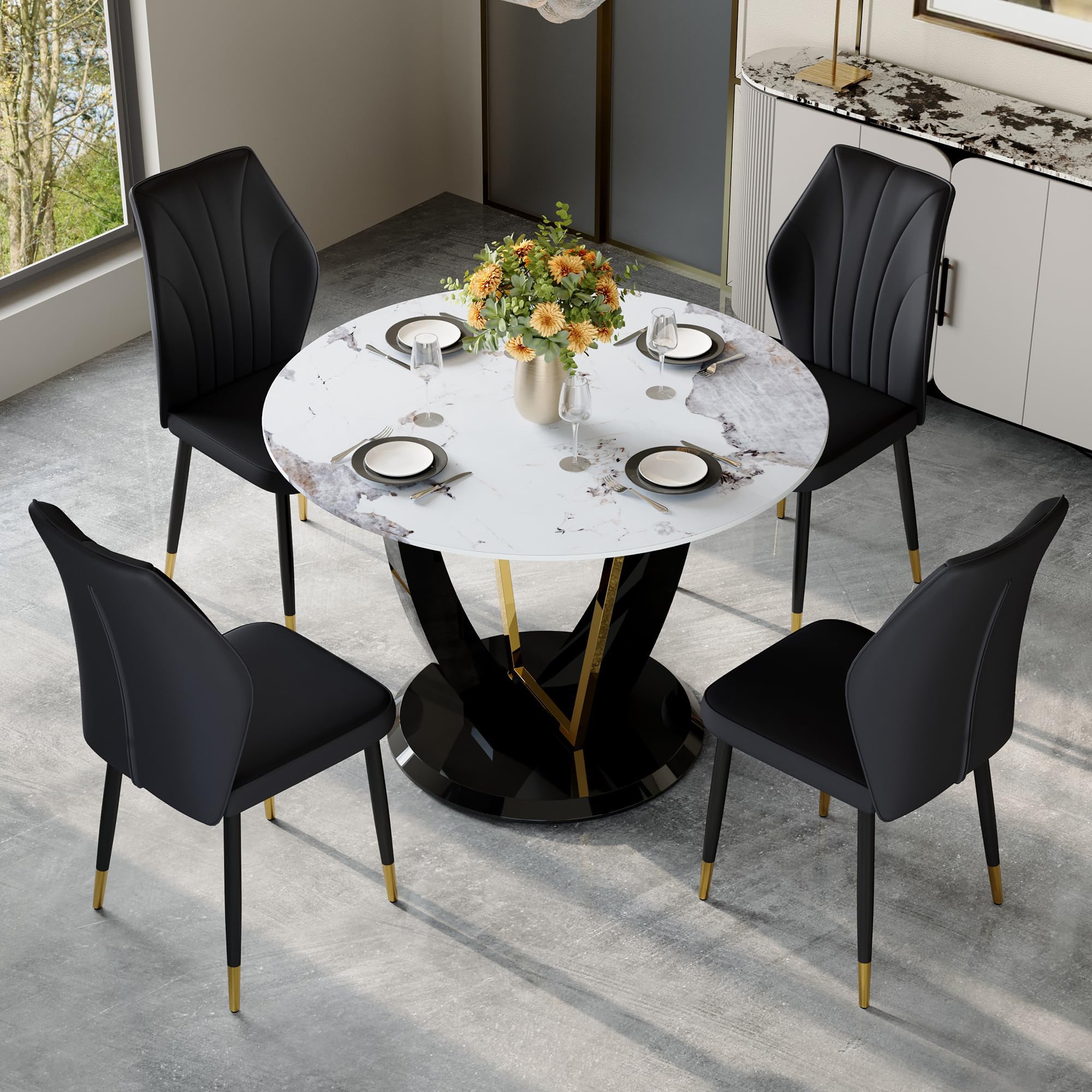 LFVFFA 48" Round Dining Table Set for 4,Faux Marble Dining Table Top with Glossy Black Base,Sintered Stone Kitchen Table with 4 Upholstered-Seat