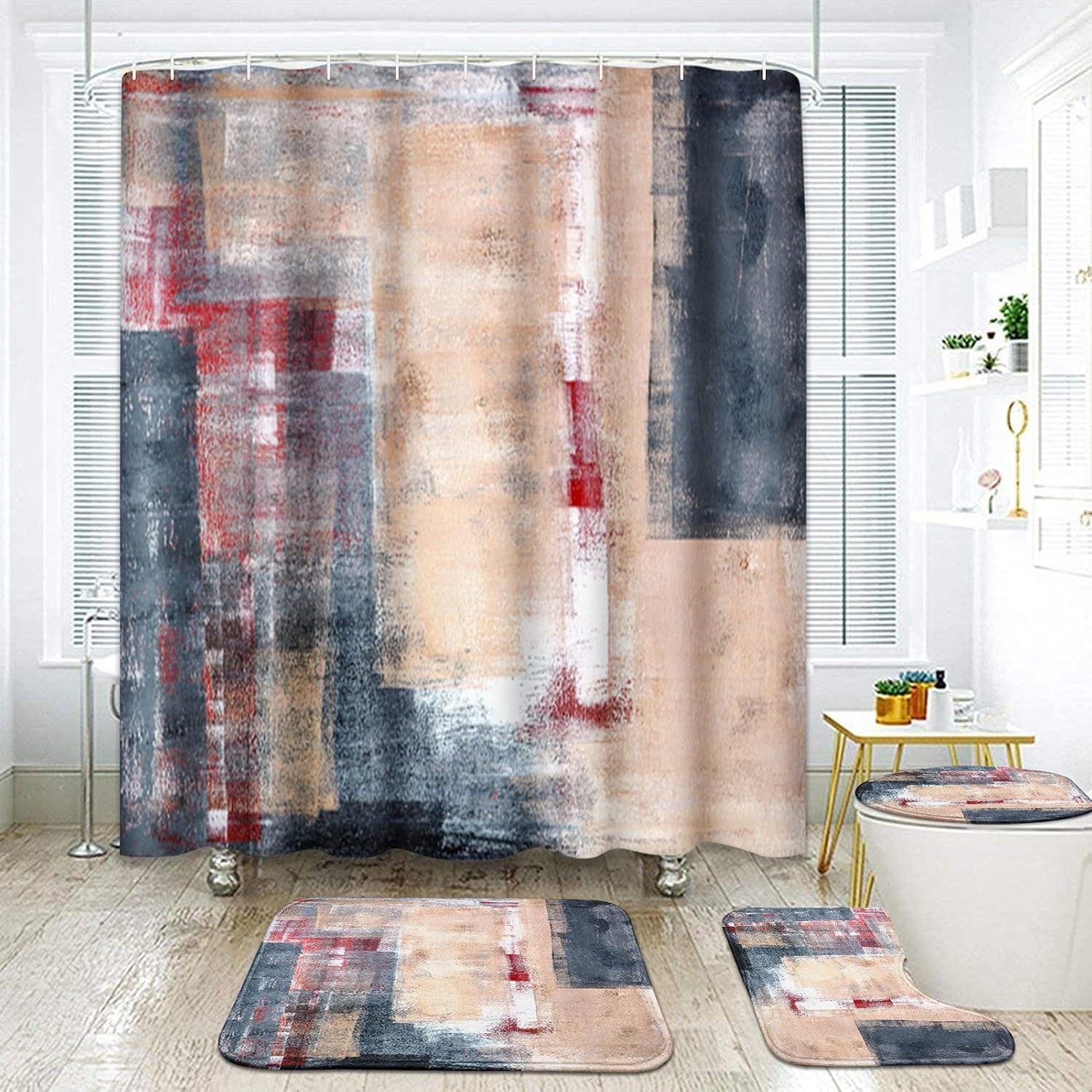 ArtSocket 4 Pcs Shower Curtain Set Beige Grey Red Abstract Pink Painting with Non-Slip Rugs Toilet Lid Cover and Bath Mat Bathroom Decor Set 72" x 72"