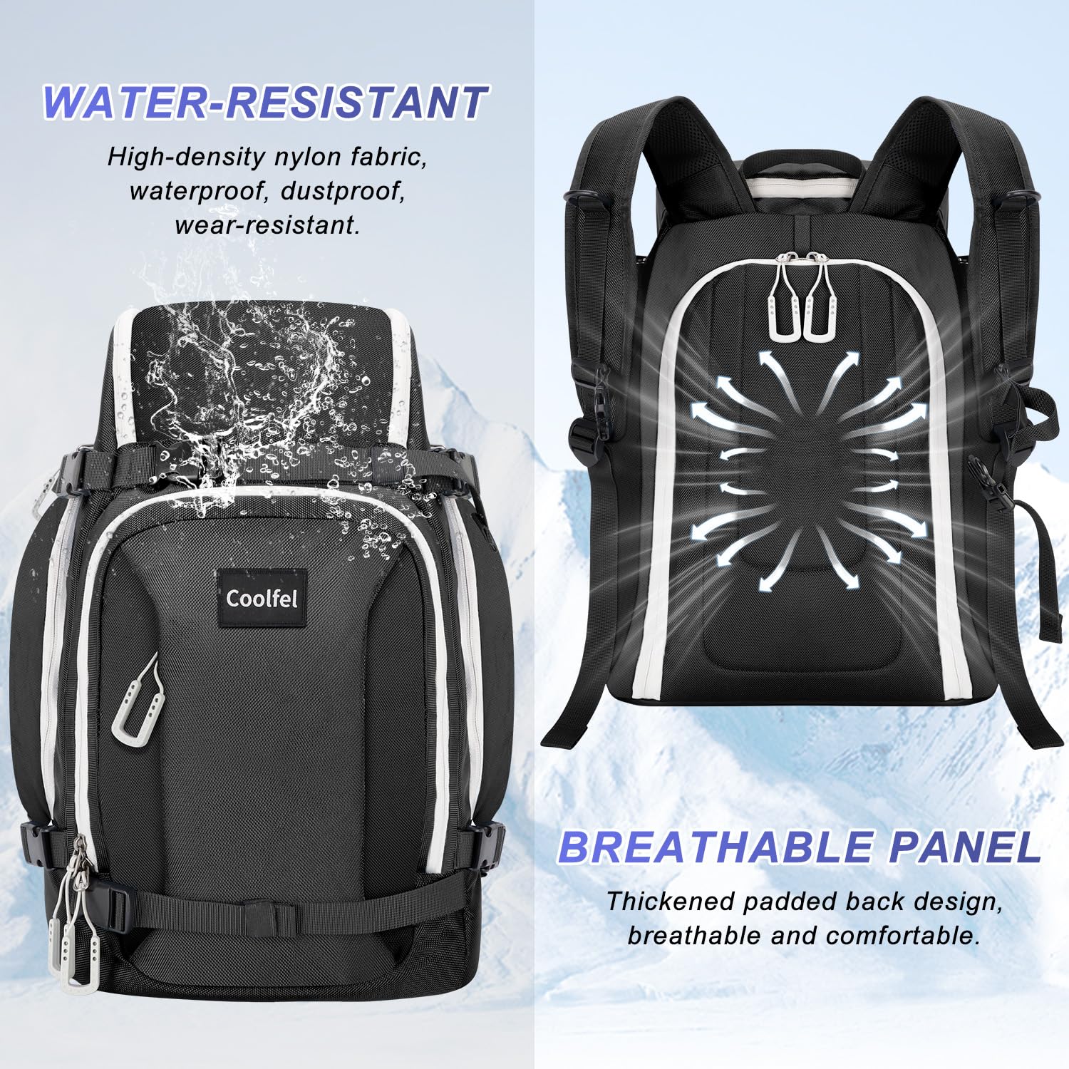 Coolfel Borsa per Scarponi da Sci con Scomparto per Casco, 50L Zaino da Sci Snowboard Pattini a Rotelle, Borsa da Sci Impermeabile per Casco, Giacca, Occhiali, Guanti