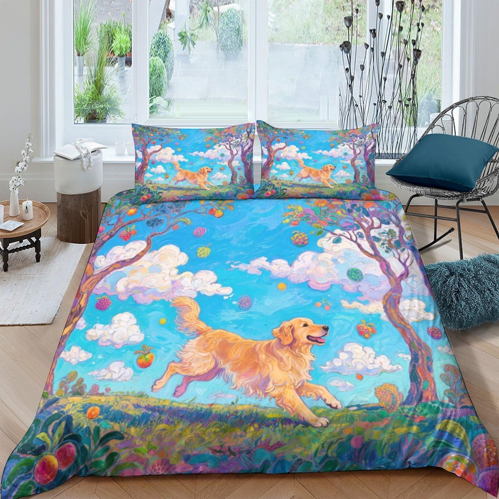 Ctjqhvkz Style-10 3D Printed Golden Retriever Dog Fitted Sheet Microfiber Soft Blue Sky Meadow Bed Cover For Bedroom Dorm Mattress Decor Single（135X200cm）