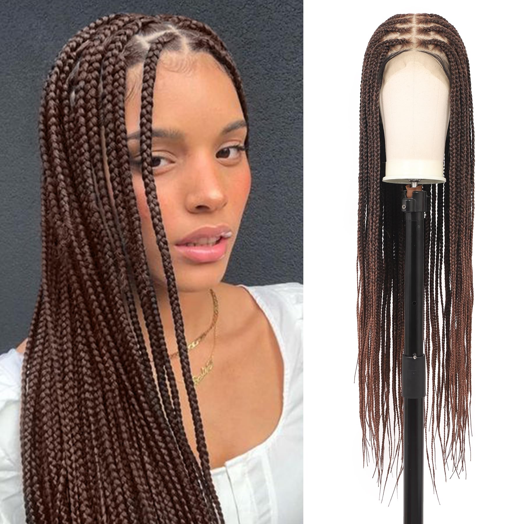 Fecihor 360° HD Full Lace Knotless Braided Wigs for Women Box Braid Wig with Baby Hair Premium Synthetic Natural Looking Brown Braided Lace Front Wigs