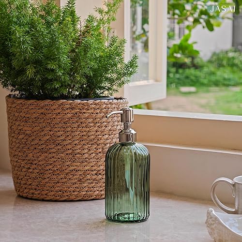 Miniatura 5 de JASAI Dispensador de jabón verde de 18 onzas con bomba a prueba de óxido, dispensador de jabón de baño recargable con vidrio grueso, dispensador de