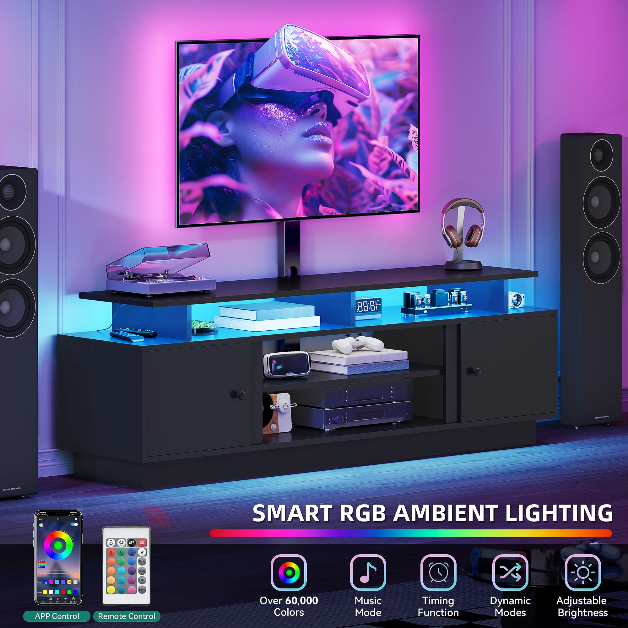 YITAHOME 70" TV Stand with Mount for TVs up to 75/80 Inches, Entertainment Center with Power Outlet & LED Lights, Modern TV Console for Living Room (Black)