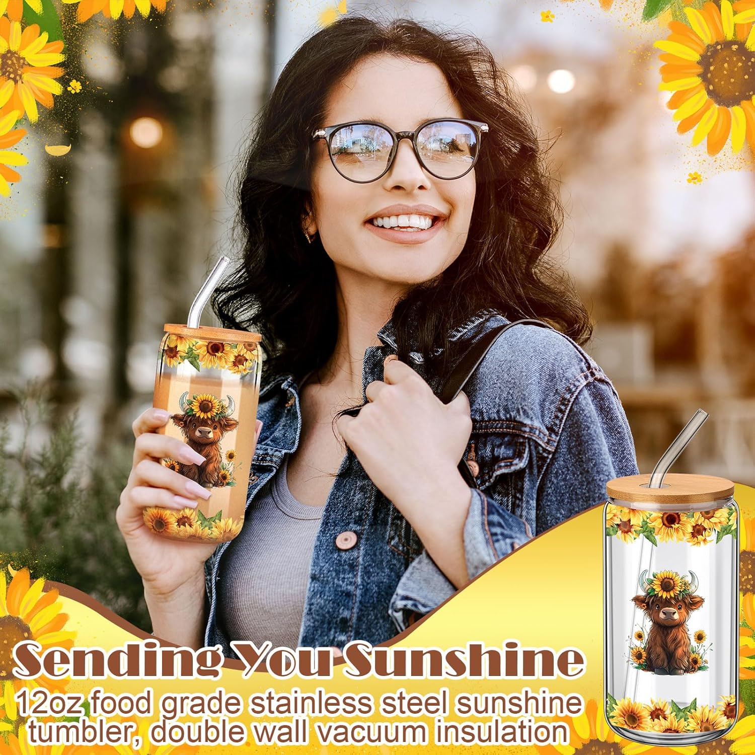 Skylety 8 Pcs Sunflower Highland Cow Gifts for Women Include 16 oz Glass Cup with Lid and Straw, Canvas Tote Bag Hair Claw Clips Keychain Socks Card Girl Toiletry Bag for Christmas Highland Cow Lover - Image 4