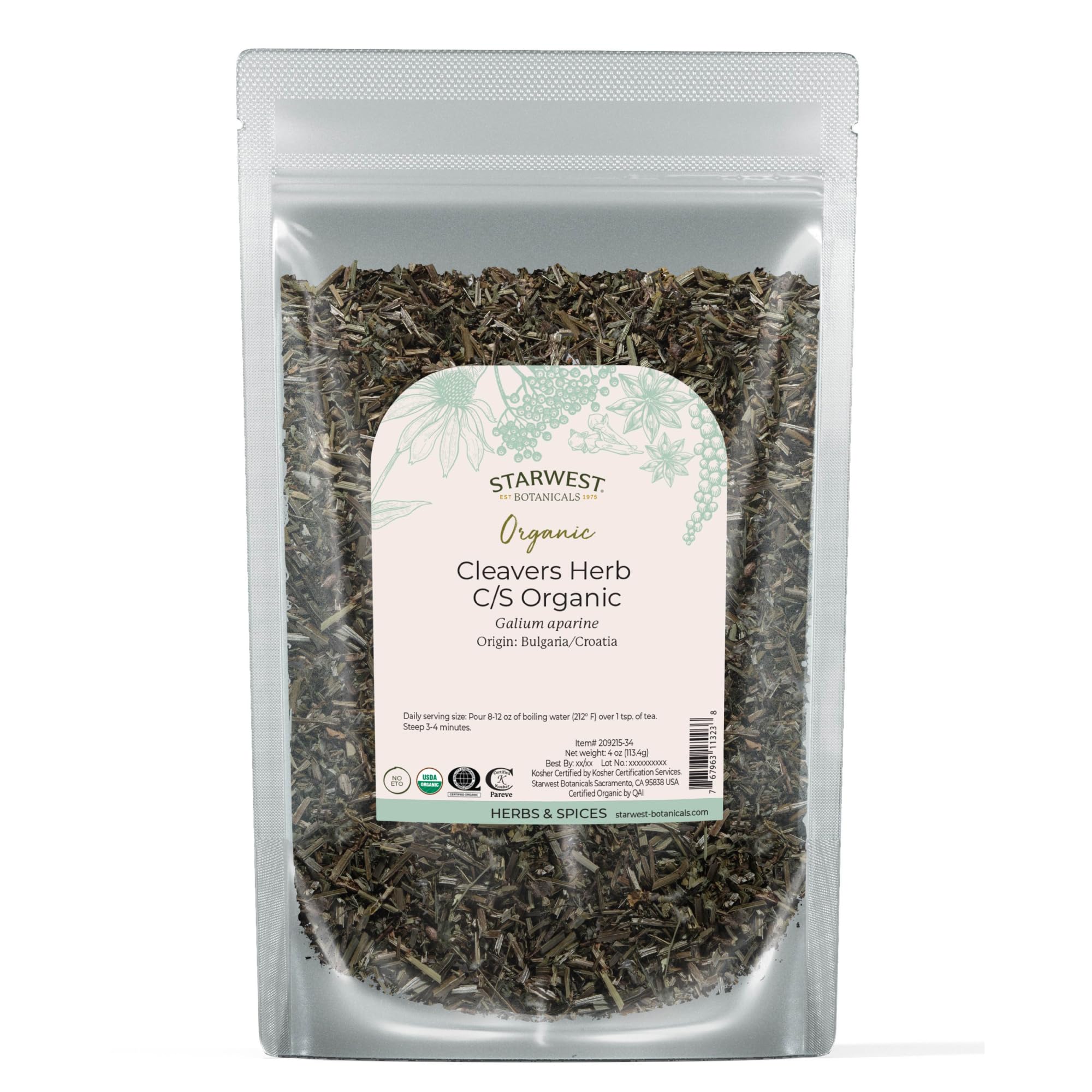 Cleavers Herb Organic - Dried Loose Leaf Herb for Tea, Tinctures, & Herbal Blends, Natural Wellness Support for Women & Men, Cut & Sifted, Certified Kosher, Non-GMO - 4 oz Pouch