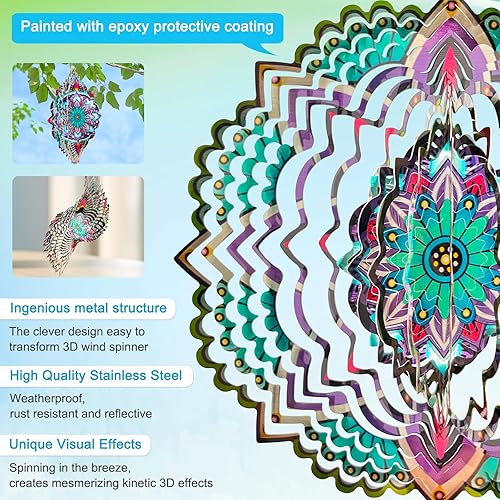 Miniatura 4 de Goolyrusim - Molinillo de viento con mandala, jazmín, de acero inoxidable cortado con láser, esculturas de viento colgantes en 3D para decoración de
