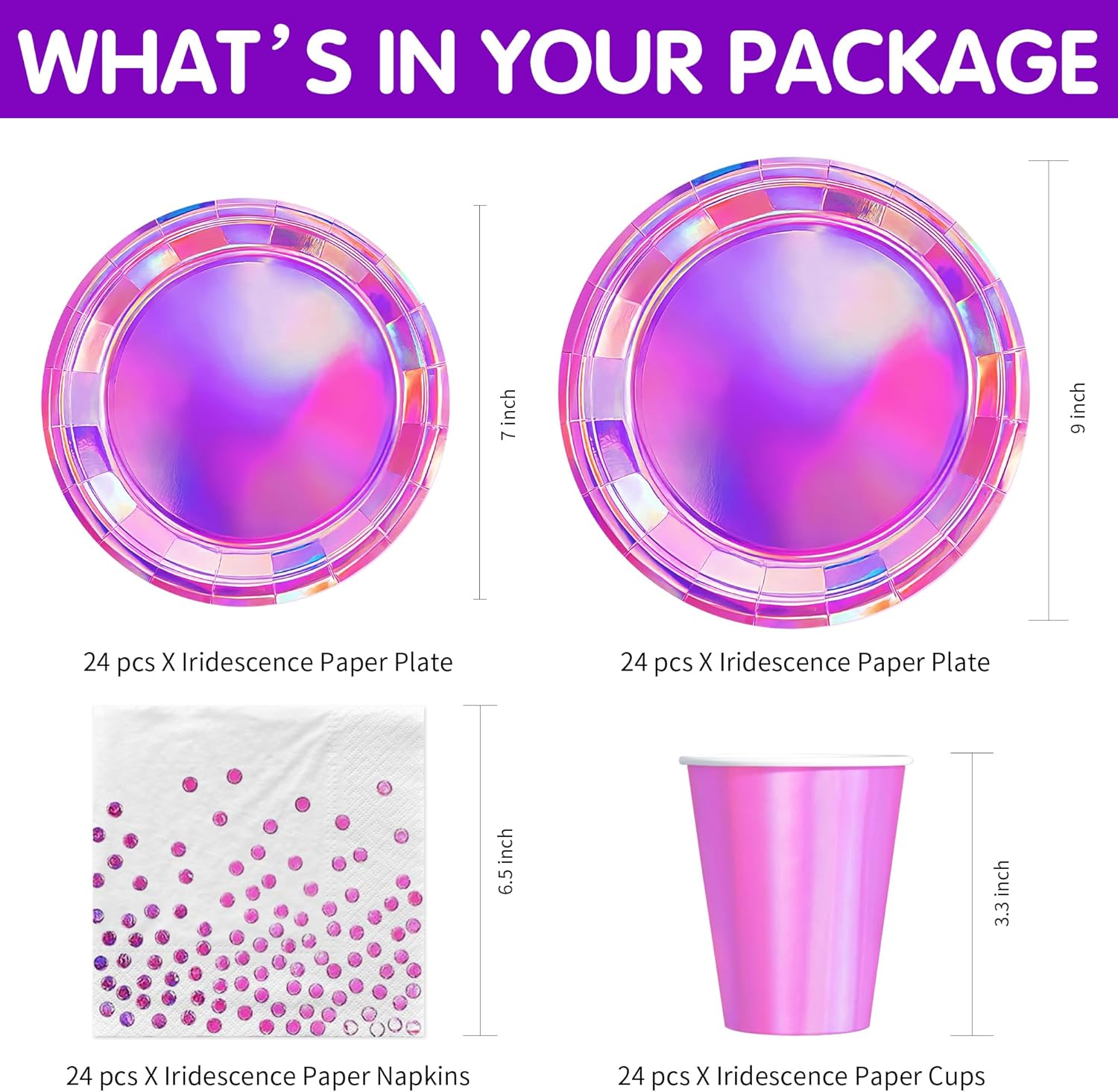 Pink Iridescent Party Decorations, Shiny Hot Pink Holographic Paper Plate, Napkin, Cup, Tablecloth, Cutlery, Metallic Mermaid Theme Birthday Baby Shower Wedding Party Supplies, Serves 24 - Image 2