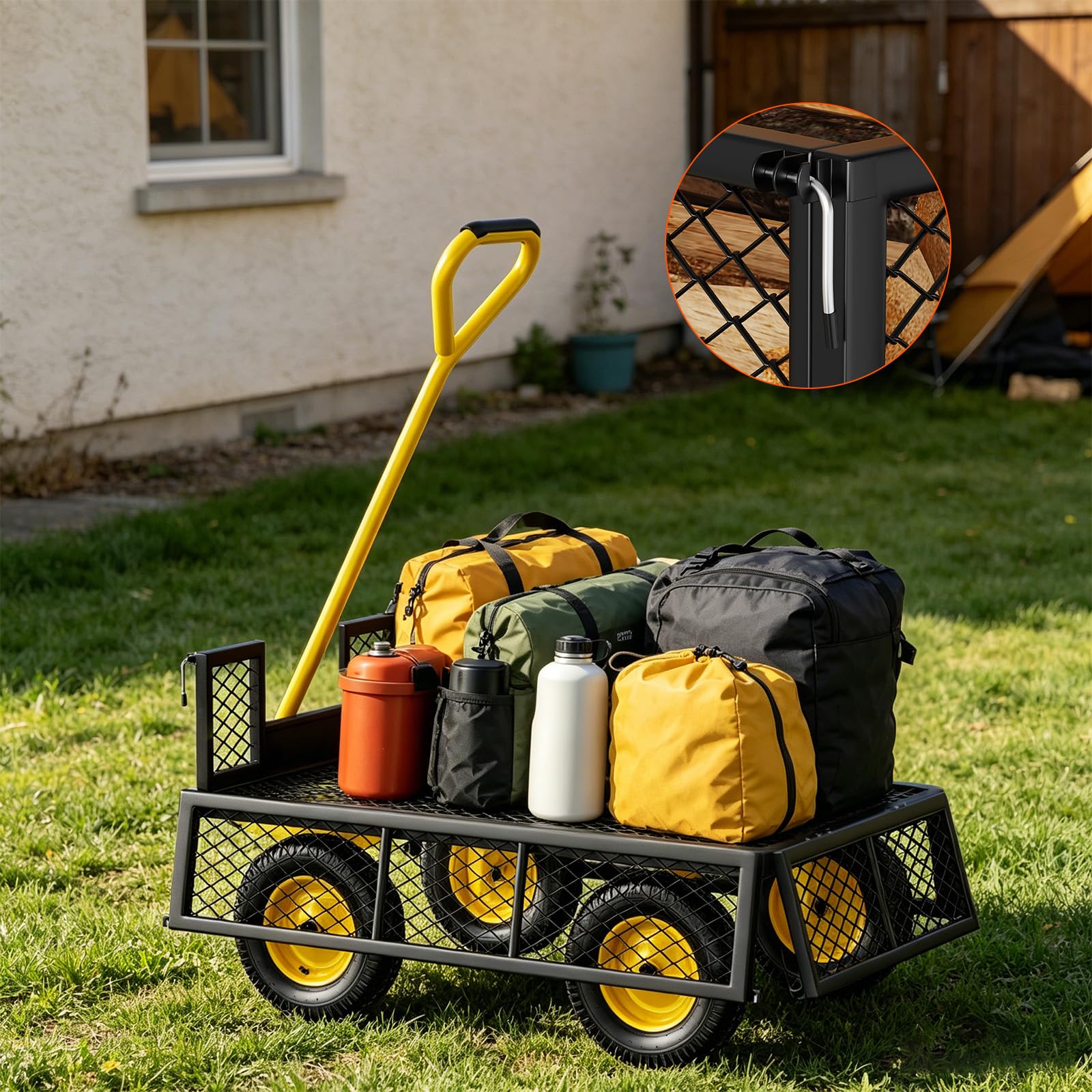 Carrito de jardín (300 kg, 4 ruedas, remolque exterior con asa giratoria 180° y laterales desmontables