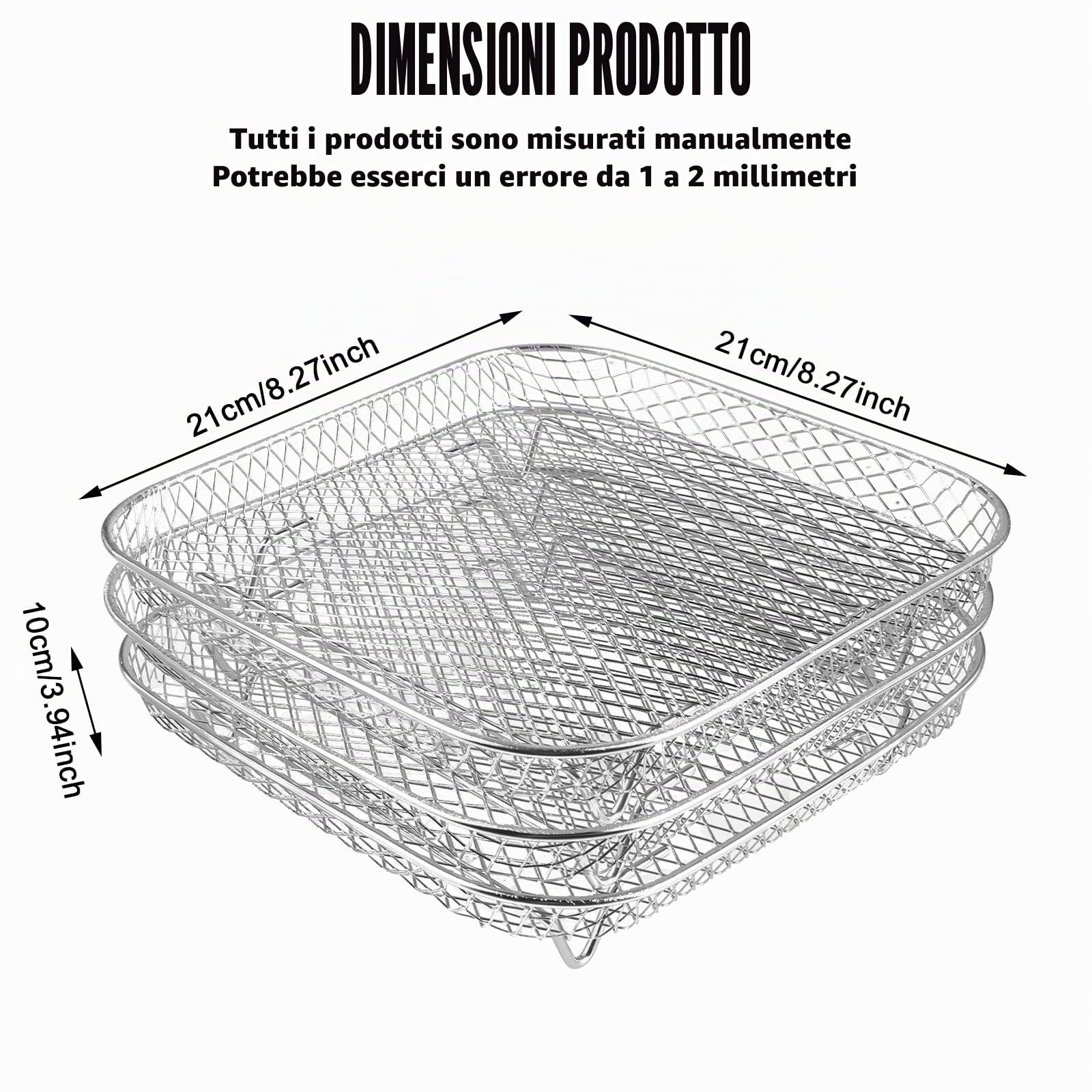 Scaffale per friggitrice ad aria, a 3 livelli, impilabile, in acciaio inox, quadrato, accessori per friggitrice ad aria con 8 piedini in silicone, 1 pinzetta e 1 spazzola per la maggior parte delle