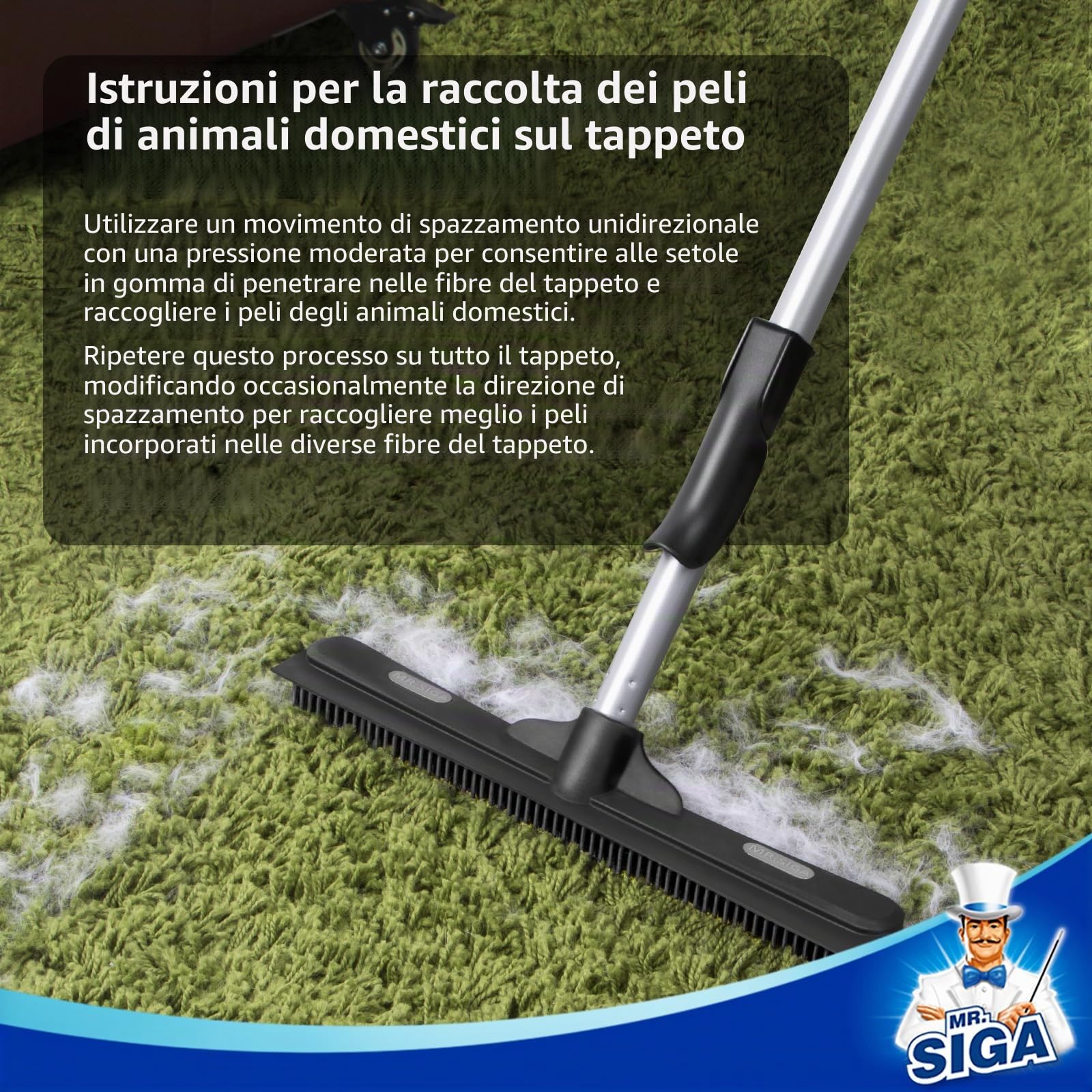 MR.SIGA Scopa in Gomma con Spatola 3 in 1 per Peli di Animali, Spazzola per Tappeti, Manico Regolabile 155 cm, Panno in Microfibra