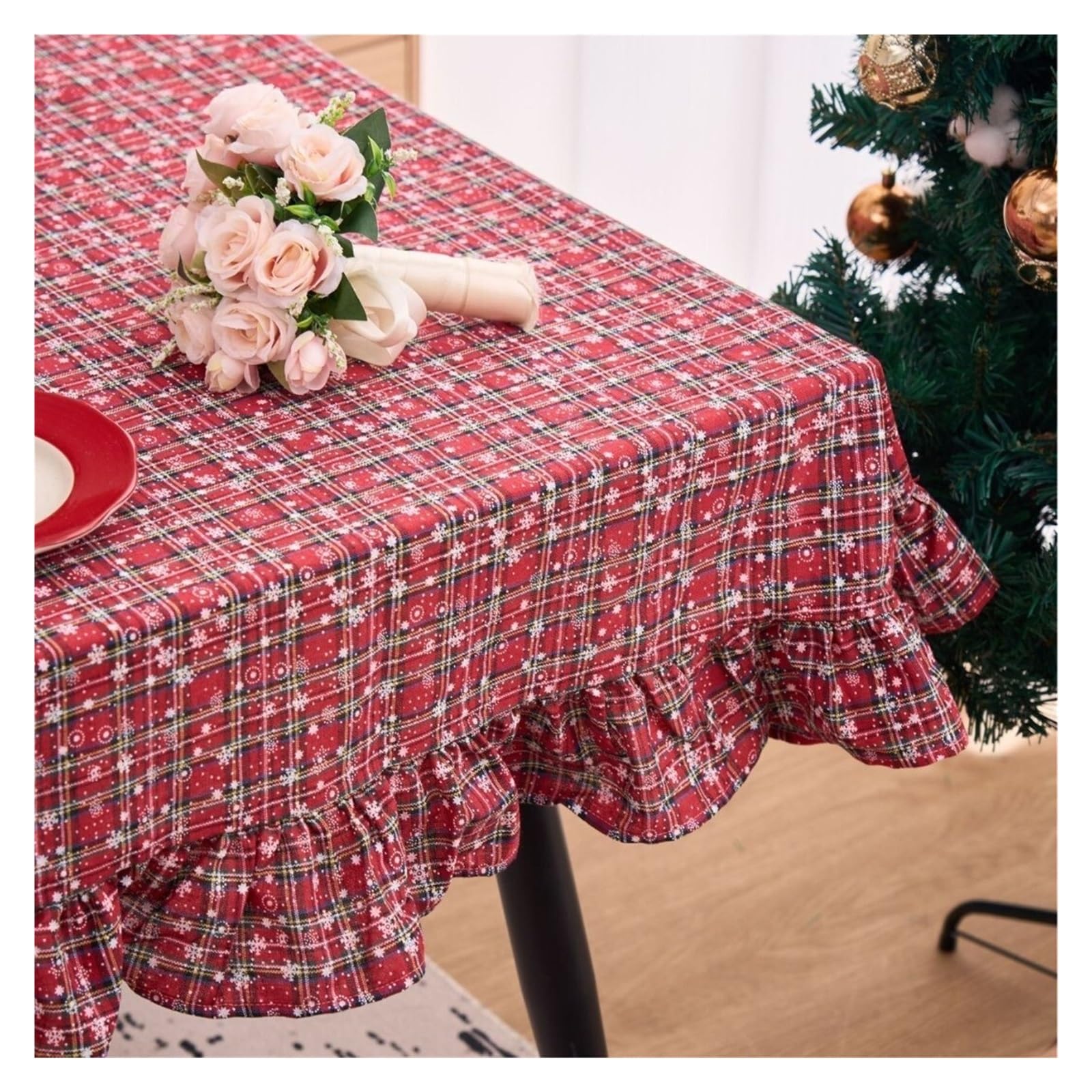 HYFEUOKF Christmas Red Plaid Ruffled Tablecloth