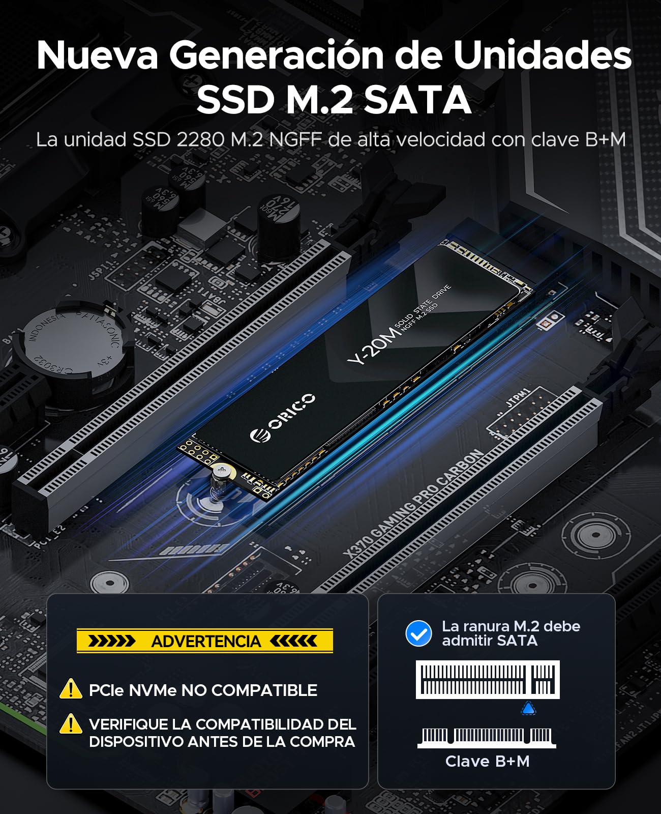 ORICO 512GB M.2 2280 SATA SSD, SATA III 6Gbps M2 SSD con Clave B+M, 500 MB/s Unidad de Estado Sólido Interna para Sobremesa/Portátil - Y20M