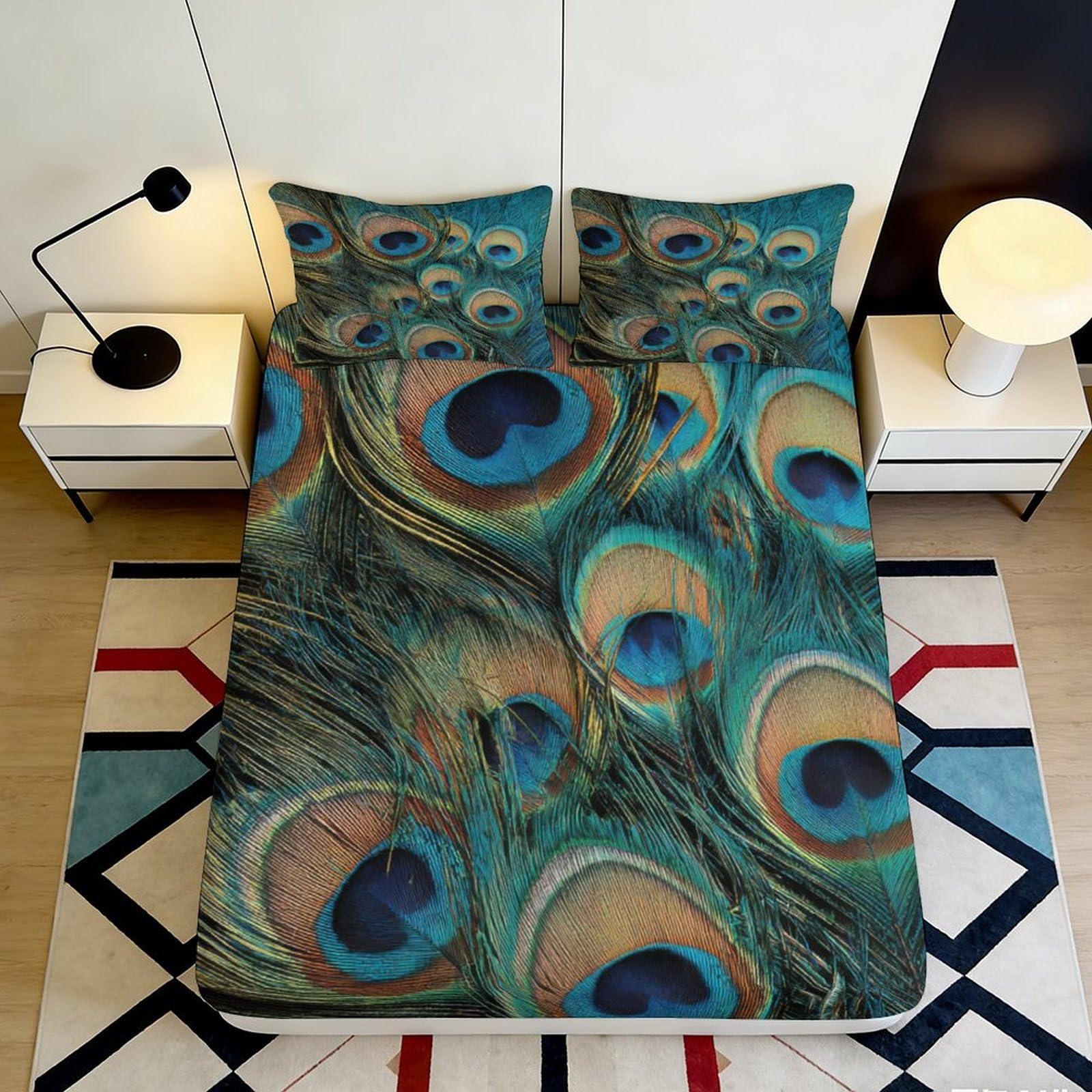 3D Printed Peacock Feather Fitted Sheet Microfiber Anti-Slip Bed Cover for Bedroom Dorm Artistic Mattress Protection 90x200x25cm