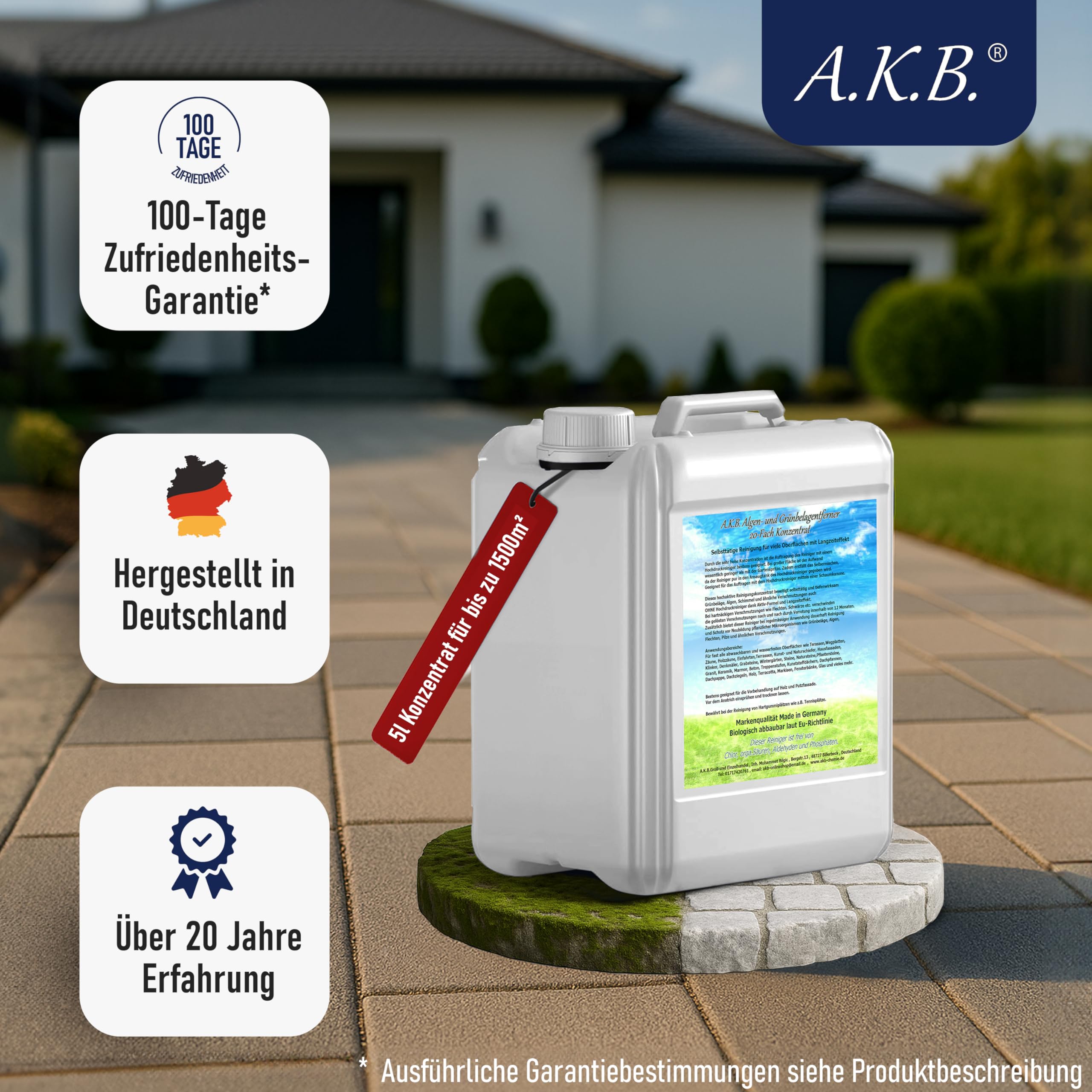 A.K.B. Algen & Grünbelagentferner Konzentrat 20-Fach - 2l für bis zu 600 m² - Hochwirksam gegen Grünbelag & Algen - Steinreiniger intensiv Aussen, Fassadenreiniger & Terrassenreiniger