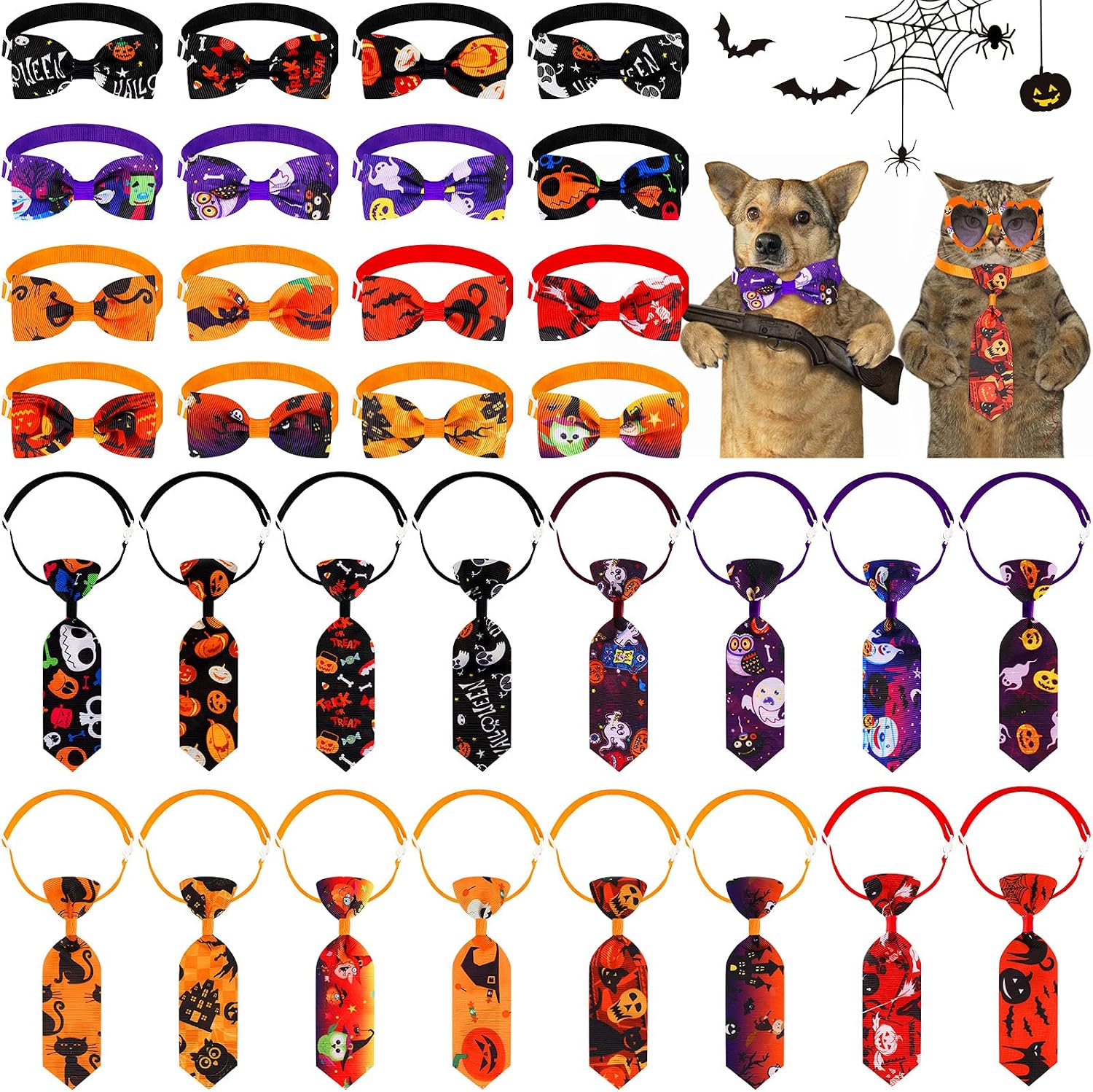 32 Pieces Halloween Dog Tie and Bowtie Collars Set Halloween Pet Bow Ties Collar and Neckties Adjustable Dog Costume Neckties and Bow…