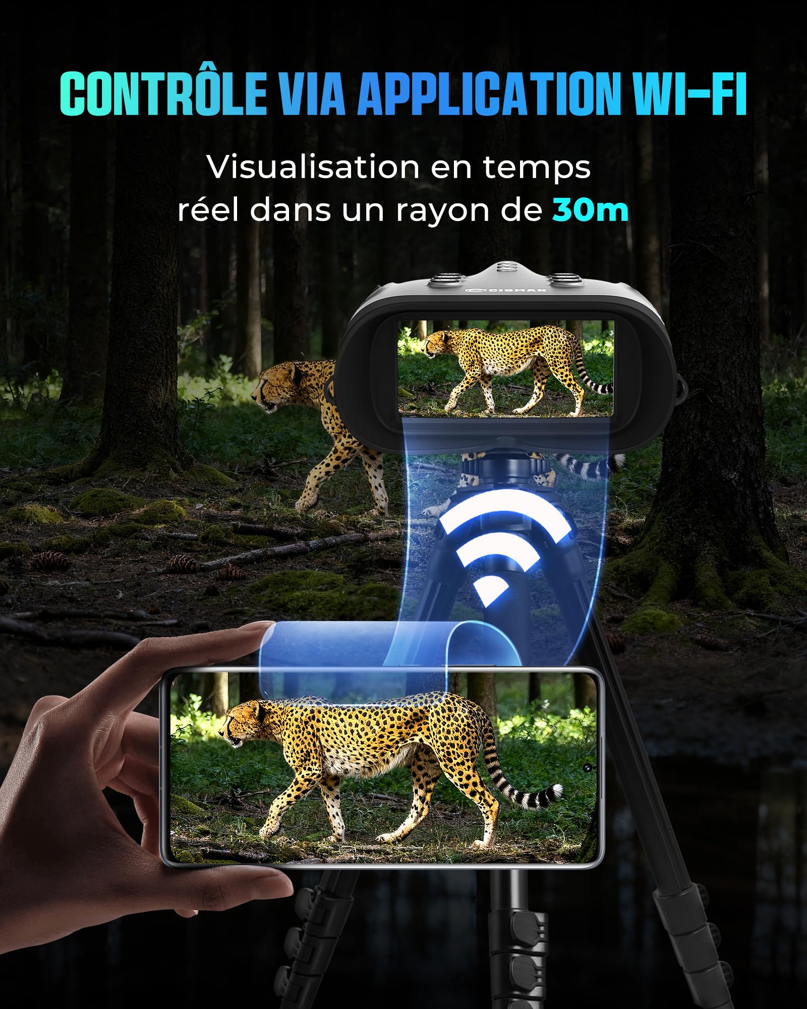Lunettes de Vision Nocturne CNVPRO 4K, portée 1000 m, Ouverture f/0,8, écran 4", contrôle Wi-FI, Lunette de Vision Nocturne IP54 étanche avec Lampe Torche, Boutons rétroéclairés et Stockage 64 Go