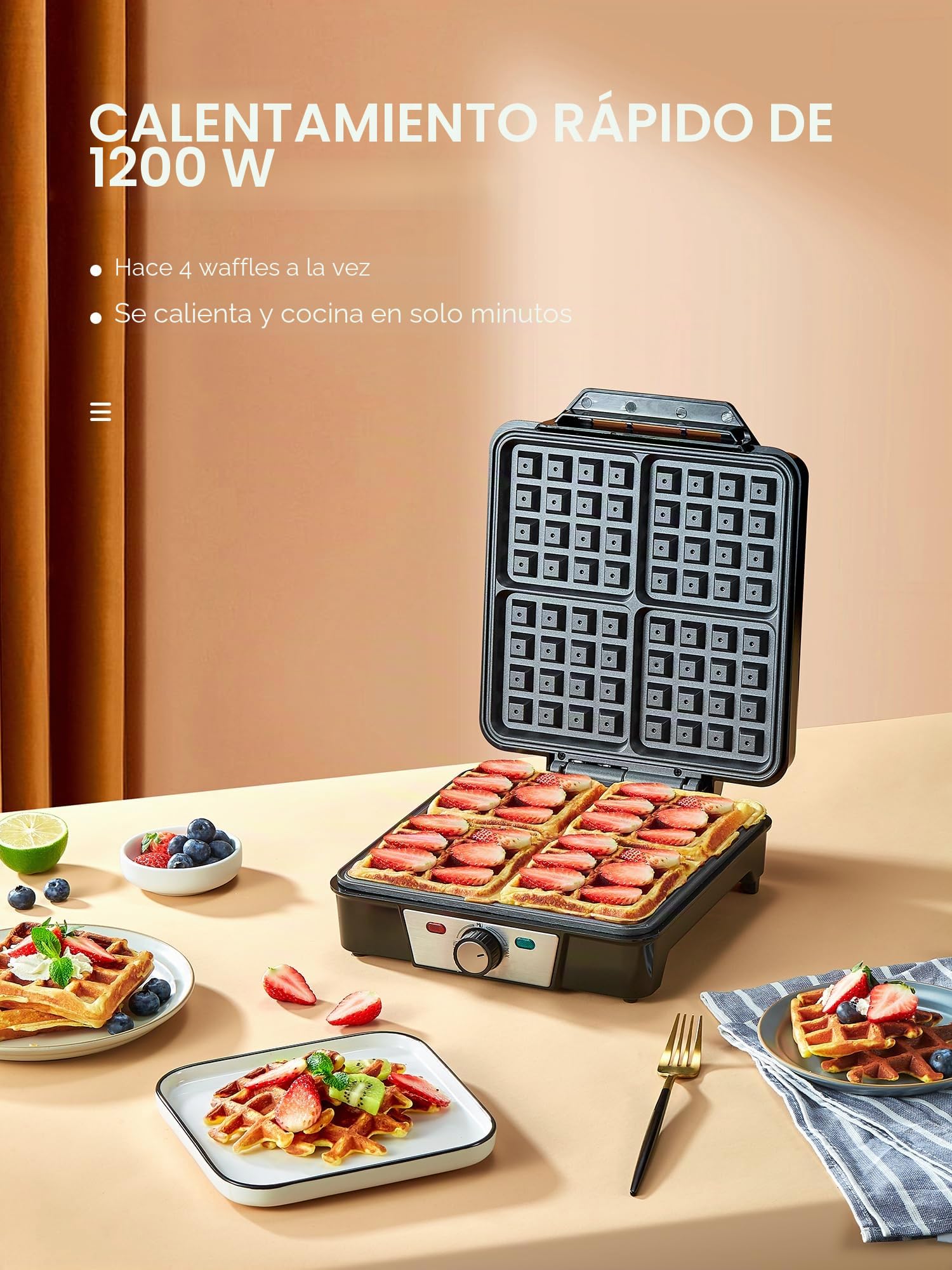 Gofre Belga, Reemix Gofrera de 4 Gofres, Máquina de Gofres de 1200 W para Temperatura Ajustable, Revestimiento Antiadherente, Acero Inoxidable, Indicadores luminosos