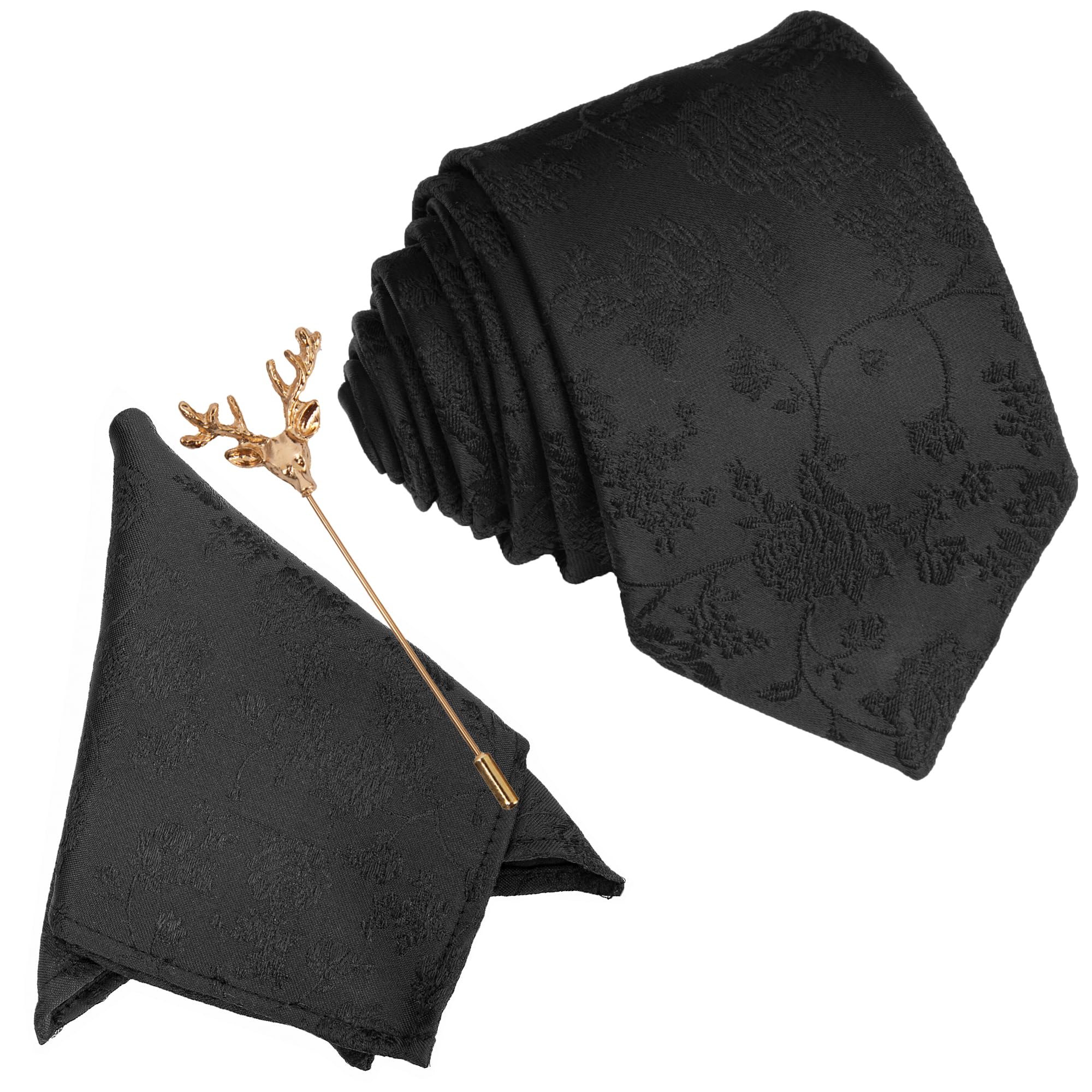 Black Floral Men's Tie, Pocket Square & Lapel Pin