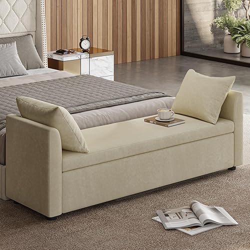 EcoHarbor - Banco otomano de almacenamiento moderno para dormitorio, banco de pie de cama con almohadas y brazos, taburete reposapiés para sala de