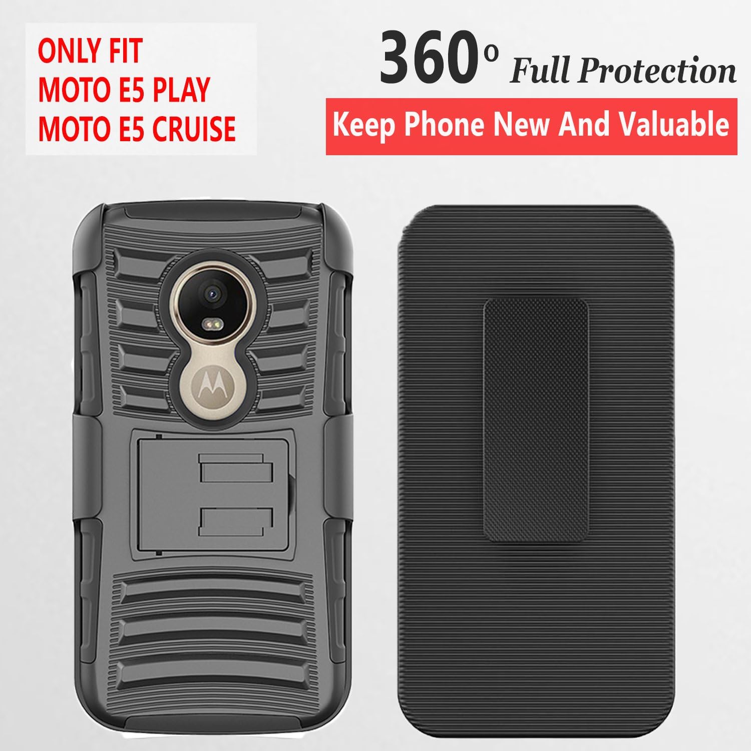 Moto E5 Play Phone Case, Circlemalls- Moto E5 Go Case, Moto E5 Cruise Case, with [Tempered Glass Screen Protector], Armor Heavy Duty Kickstand Cover with Belt Clip Holster - Black