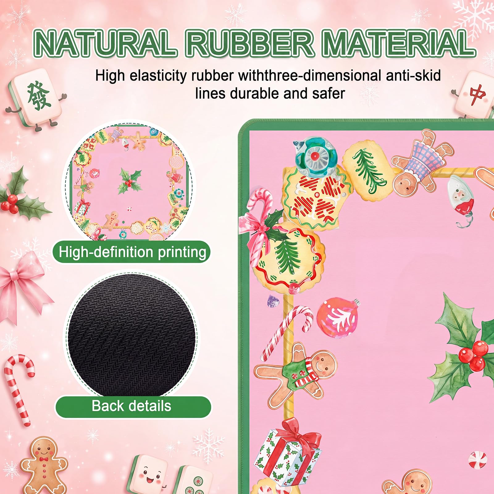 Seenelling Mahjong Mat Tapis de table antidérapant Noël Cookies