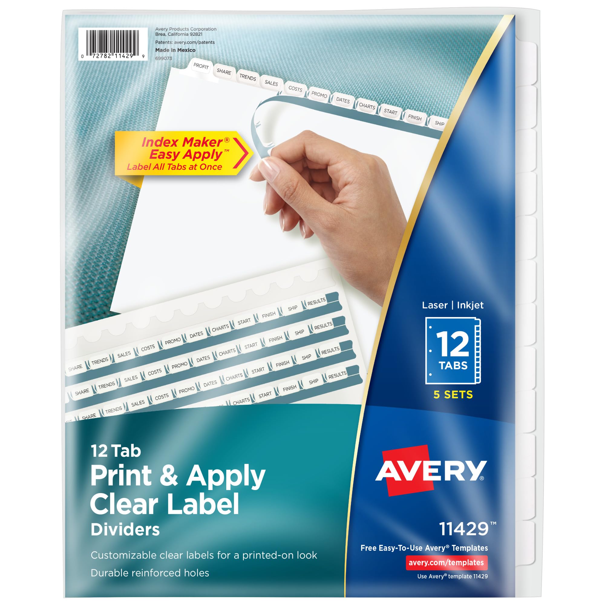 Avery 12-Tab Binder Dividers, Easy Print & Apply Clear Label Strip, Index Maker, White Tabs, 5 Sets (11429)