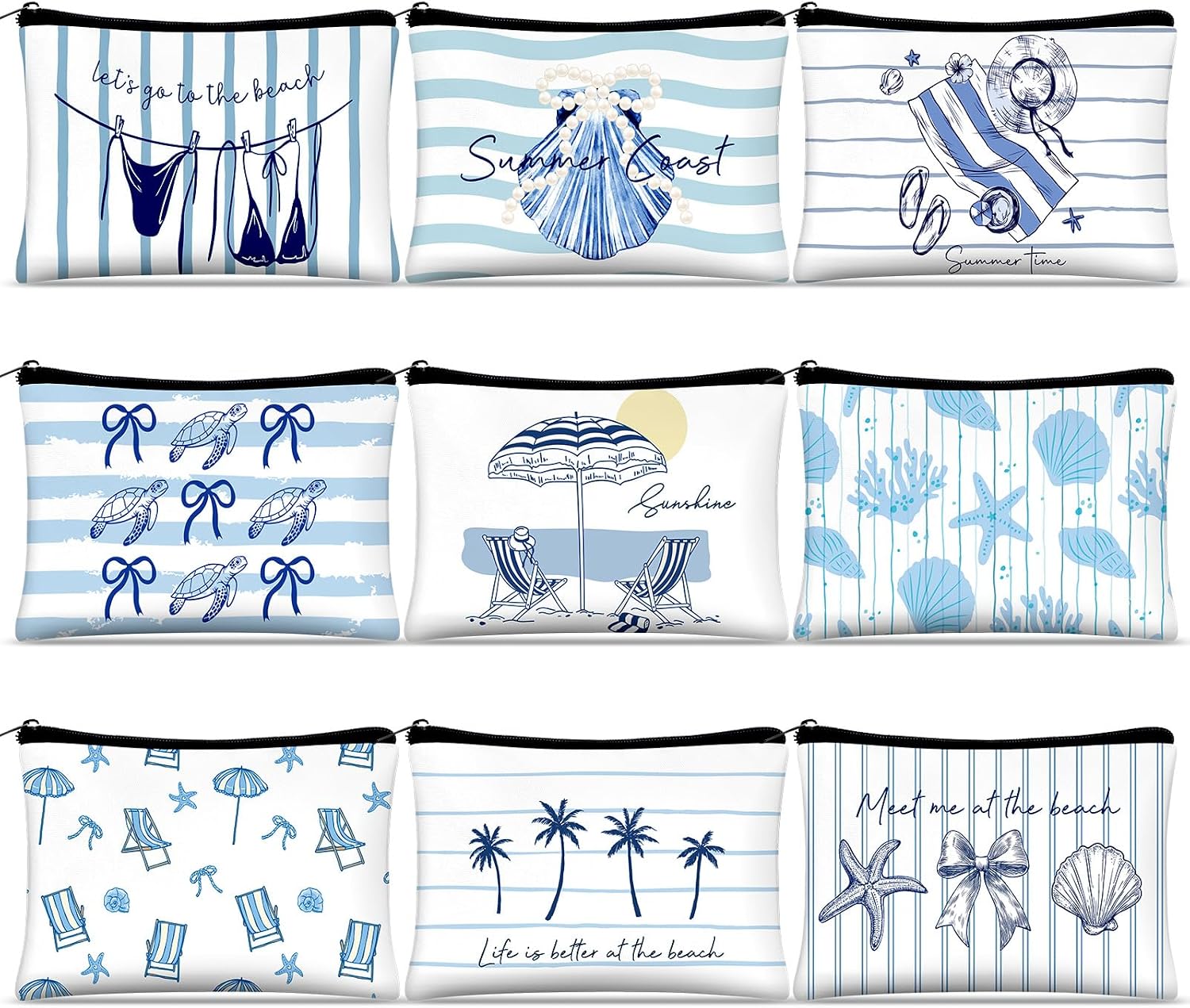 Reginary 9 Pcs Coastal Seashell Beach Makeup Bags Bulk for Women Blue Striped Cosmetic Bags Summer Ocean Seashell Portable Travel Toiletry Pouches Organizer Bachelorette Coastal Beach Party Favor Gift