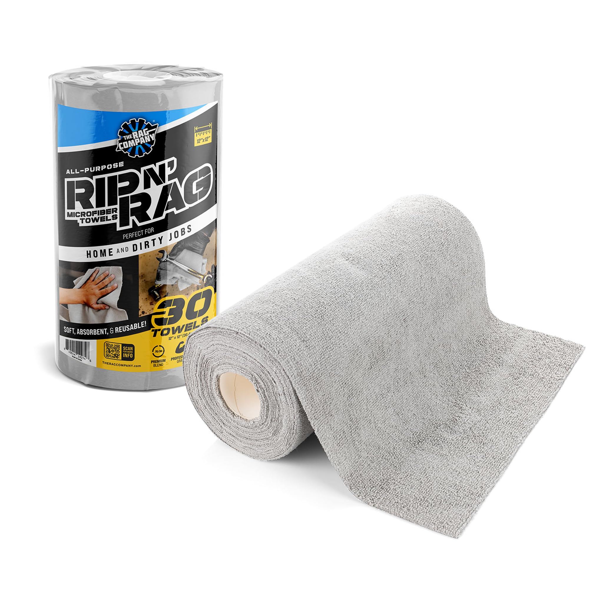 The Rag Company - Rip N' Rag Multi-Purpose Reusable Microfiber Towels for Home, Office, Garage, RV and More - 30 Count Roll - Premium 70/30 Blend - 200gsm