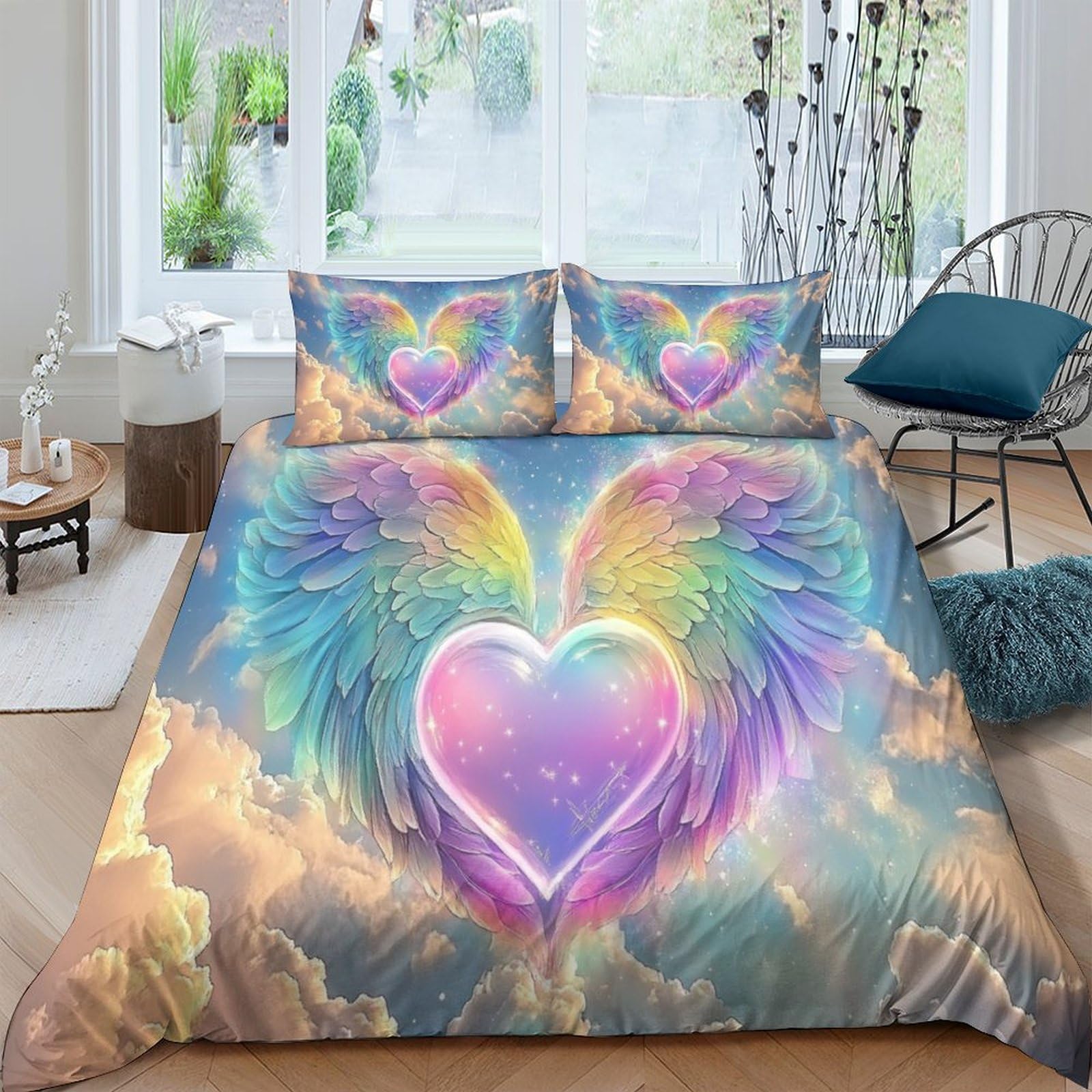 Housse de couette cœurs avec des ailes 140x200cm et sa taie d'oreiller arc-en-ciel