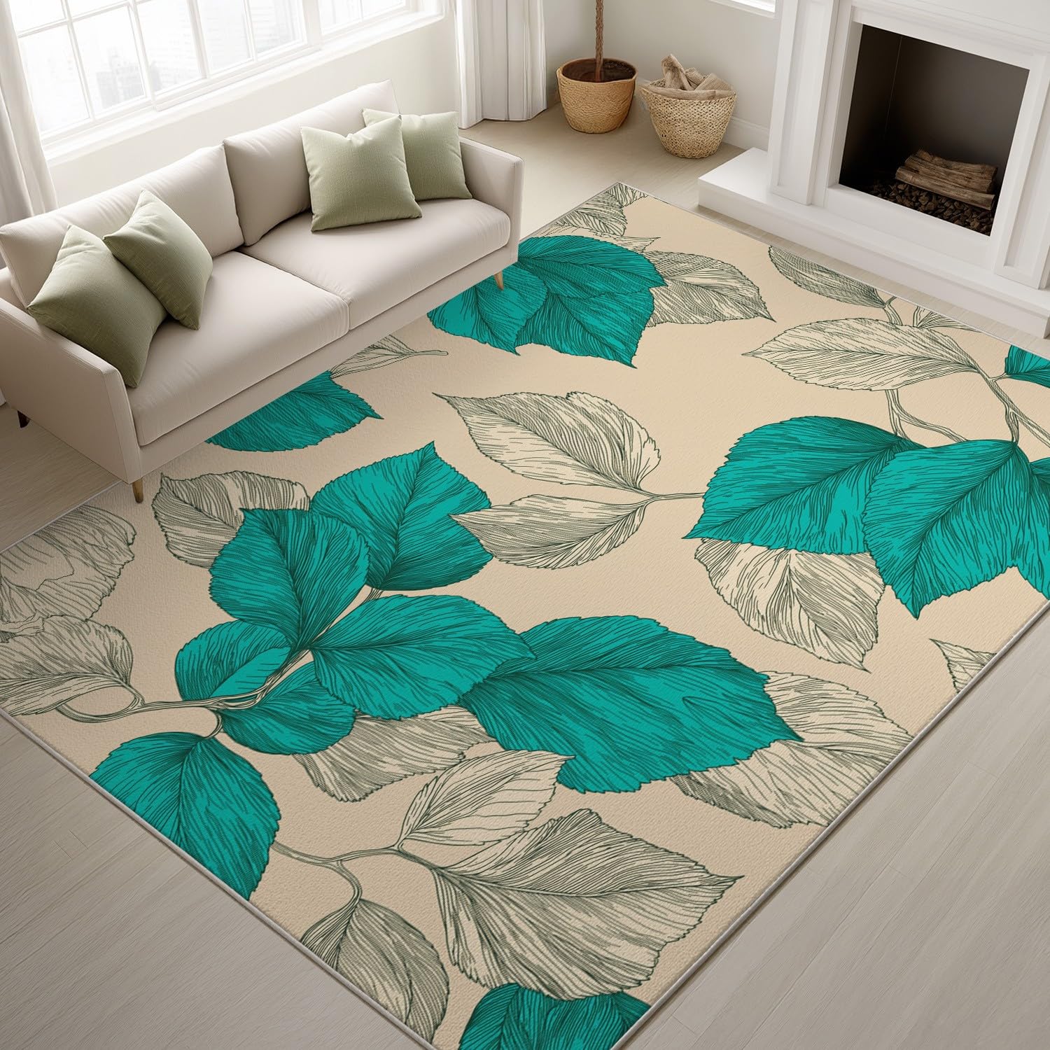 Ogólny, wykwintny kwadratowy dywan flanelowy 160 x 230 cm – nadaje się do prania i antypoślizgowy, nowoczesny, minimalistyczny dywan w liście, do sypialni, biura lub jadalni, beżowy, cyjan