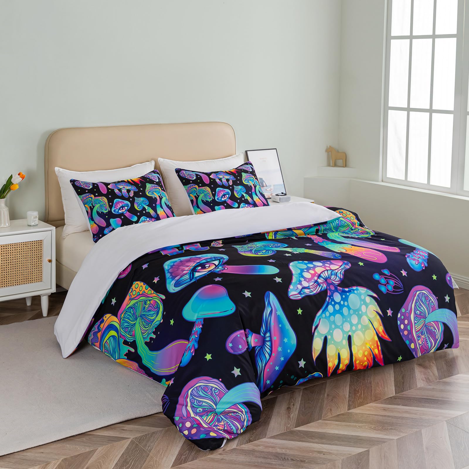 Dropshipful Mushroom Duvet Cover Set Full Size, 3 Pieces Colorful Black Pattern Mushroom Comforter Cover Set, Soft Cartoon Mushroom Girls Bedding Set for All Seasons (Full, Blue Mushroom)