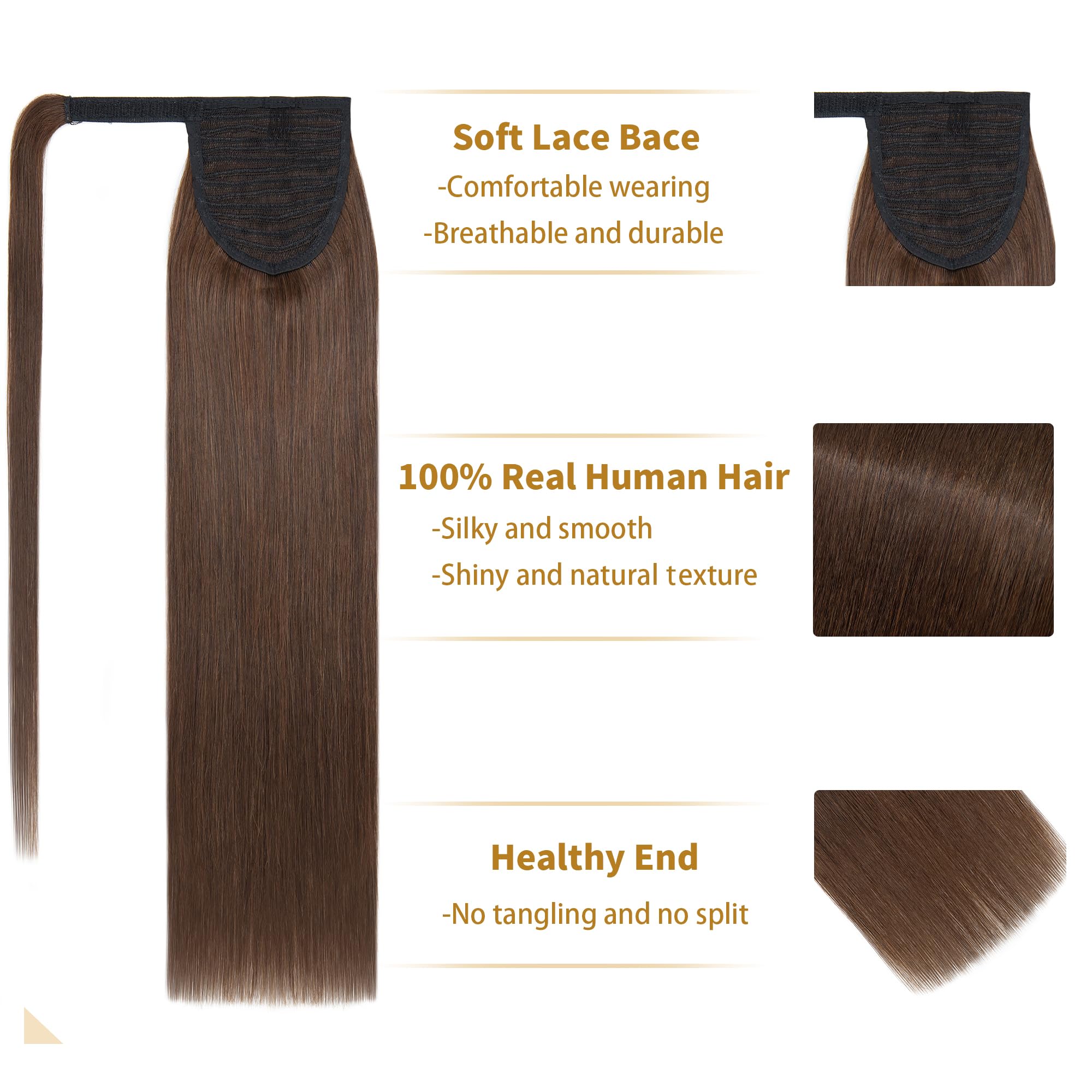 SEGO Extension Coda di Cavallo Capelli Veri Clip Fascia Unica 100% Remy Human Hair Umani Lisci Naturali Ponytail Extensions Aderire 35cm-80g # Castano Cioccolato