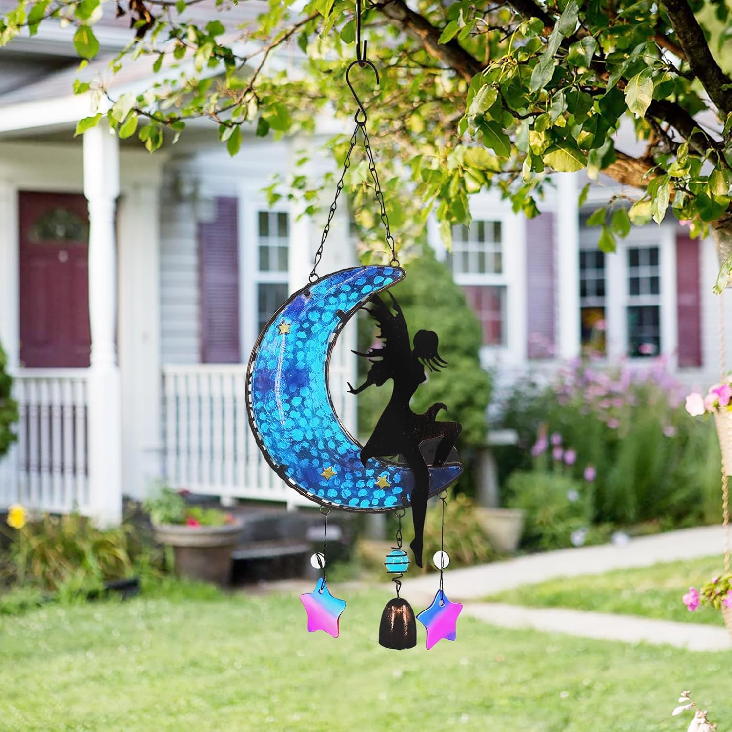 Memorial Wind Chimes Solar Hanging Glass Moon Lights Metal Fairy Angel Outdoor Wind Chimes for Mom Loved One Gifts