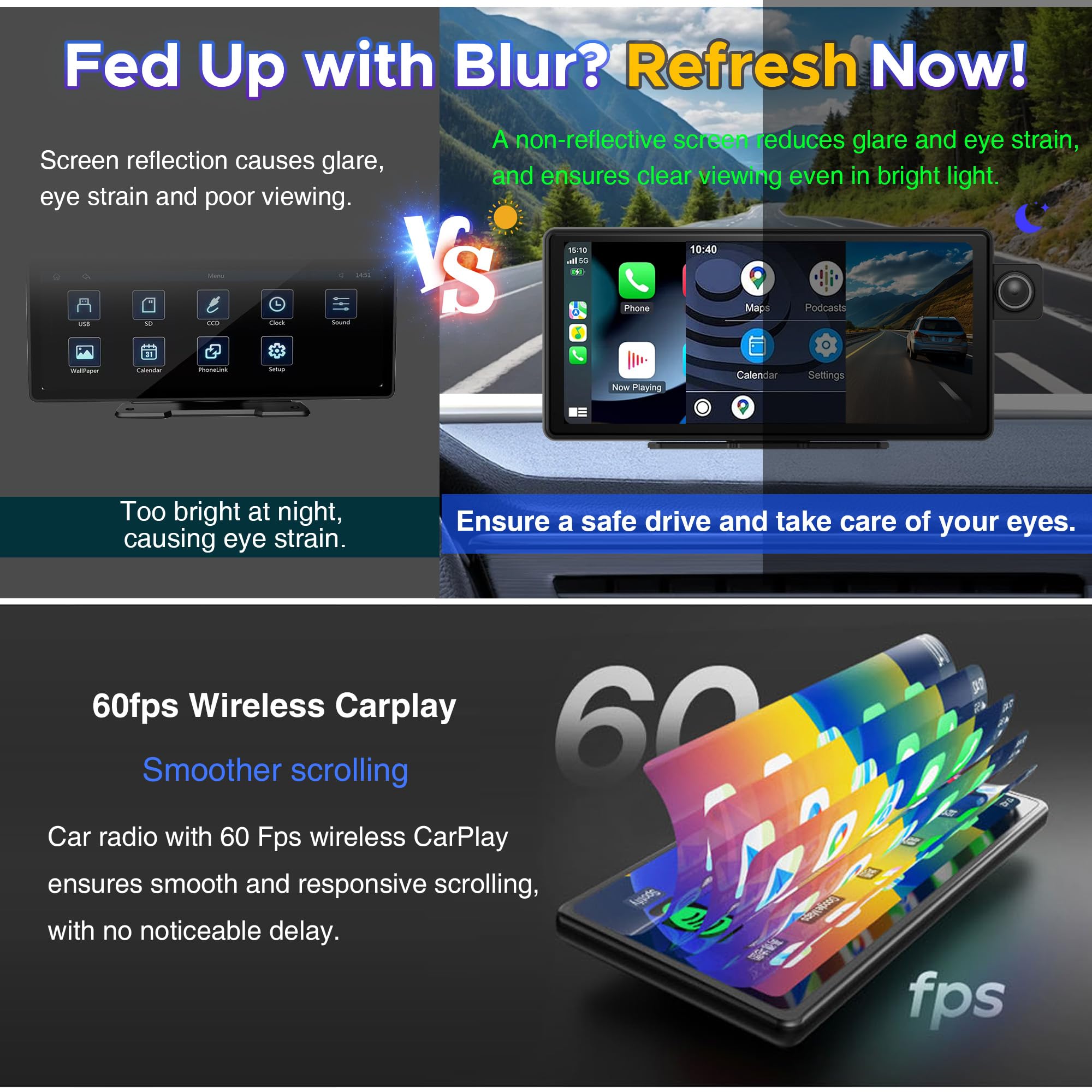 Autoradio 11.36" sans Fil Carplay Android Auto Airplay Caméra Dash Cam 4K avec Caméra de Recul,IPS Écran Tactile, Enregistrement en Boucle,Navigation GPS,Bluetooth,FM,AUX