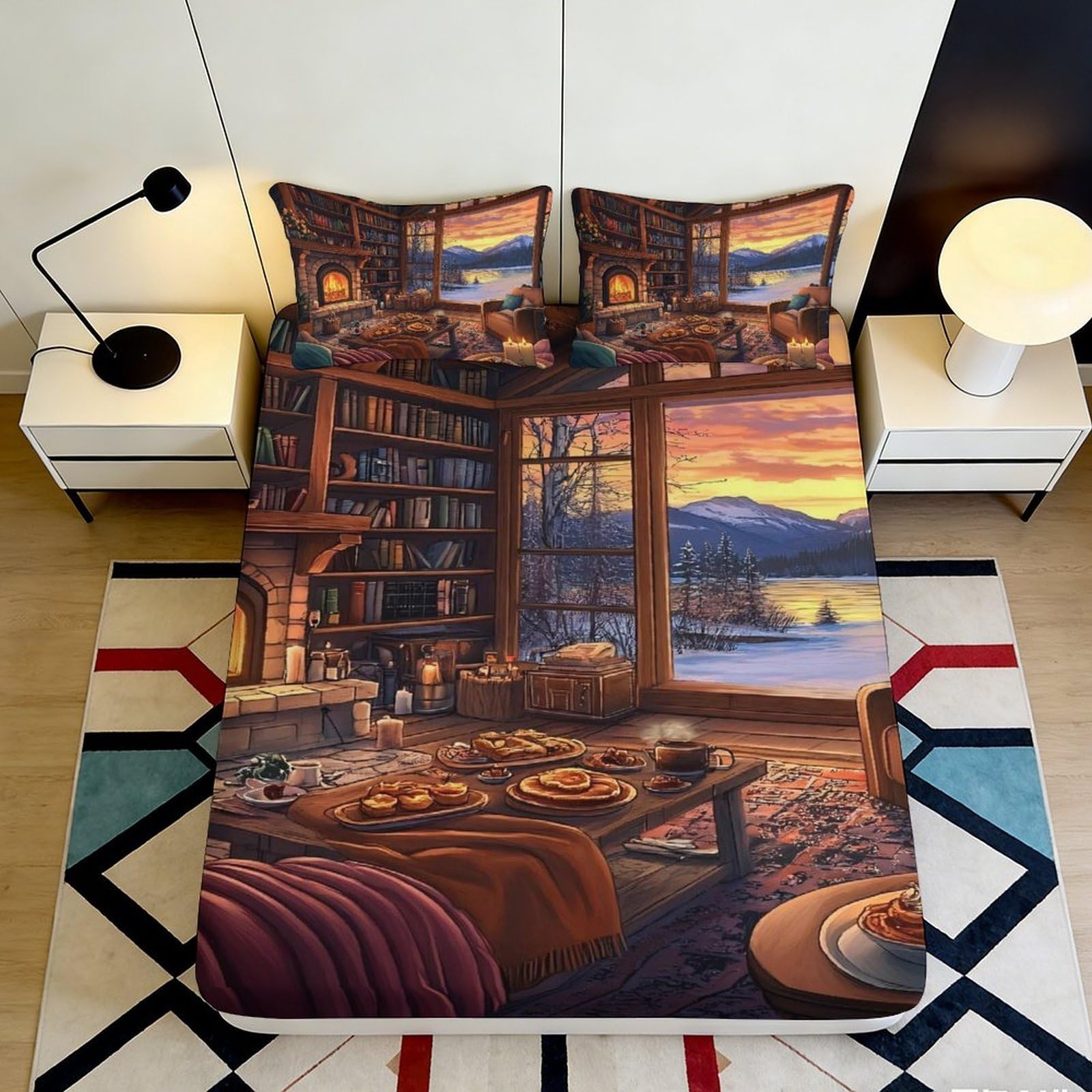 3D Printed Cozy Cabin Fitted Sheet Microfiber Soft Warm Bed Cover with Fireplace and Bookshelf Design Mattress Cover for Bedroom Dorm Dormitory Guest Room 200x200x25cm