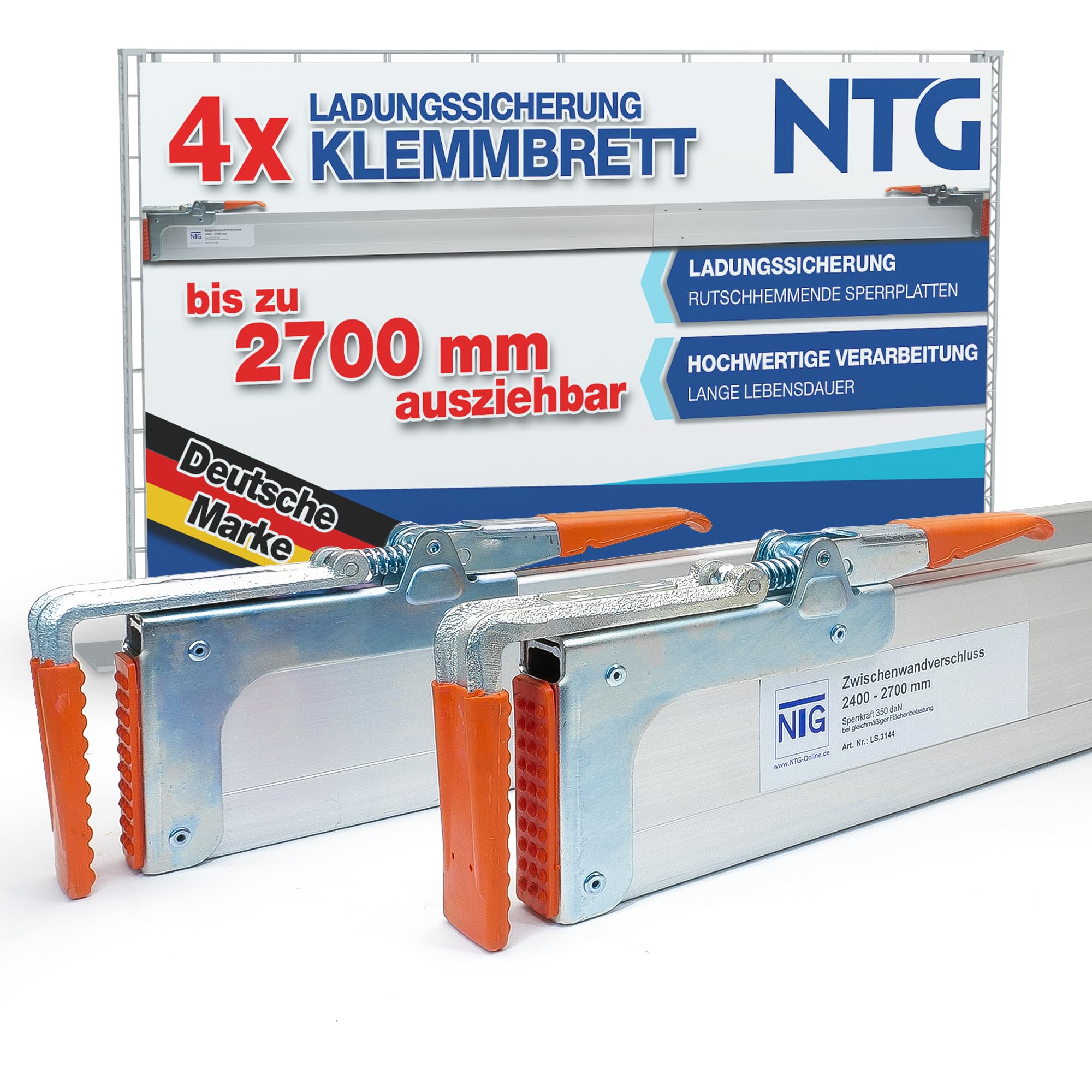 NTG 4 pezzi con chiusura a parete intermedia, 2400 – 2700 mm, fissaggio del carico e sicurezza per il trasporto per auto, camion, rimorchi e furgoni