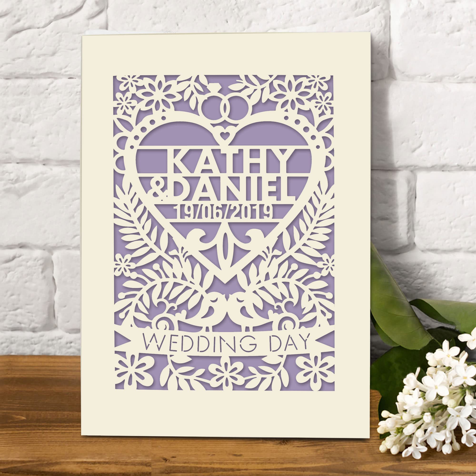 Personalised Wedding Card for Bride and Groom Laser Cut Greeting Cards Congratulations Wedding Day for Newlyweds with Envelopes Custom Gift Hand Finished in UK (Lilac Purple)