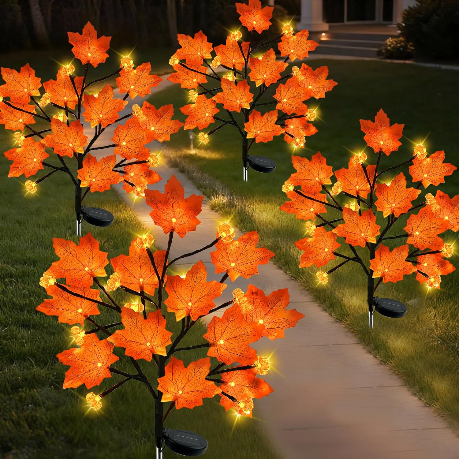4Pack Fall Solar Lights Outdoor Decorative, Waterproof 80Led Orange Solars Lights Outdoor with 8 Modes, Pumpkin Solar Light for Fall Yard Outside Halloween Thanksgiving Decorations