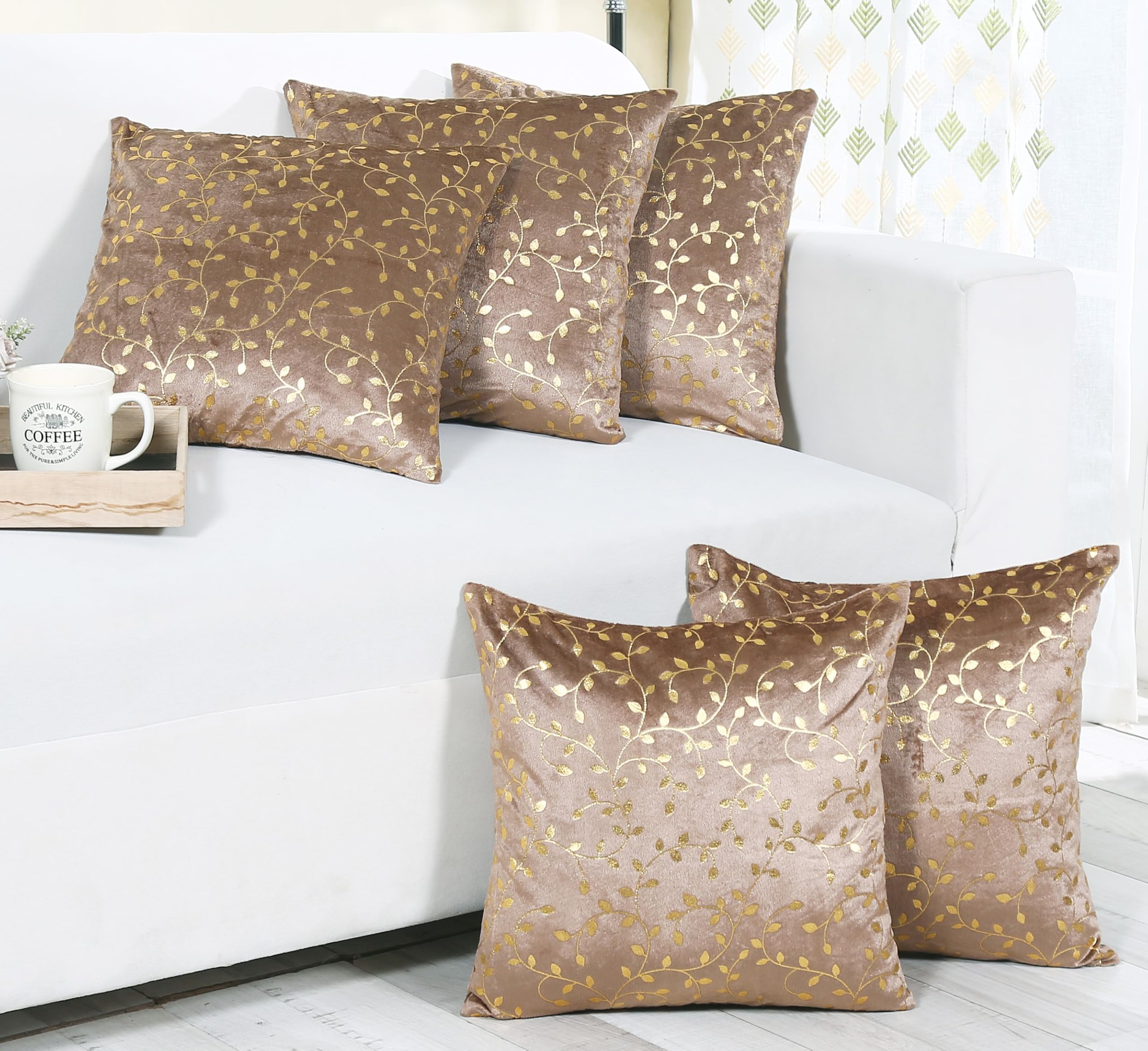 RD TREND Velvet Cushion Covers, 40 x 40 cm/16 x 16 inches, Set of 5,250 TC, Side Zipper (Light Brown)