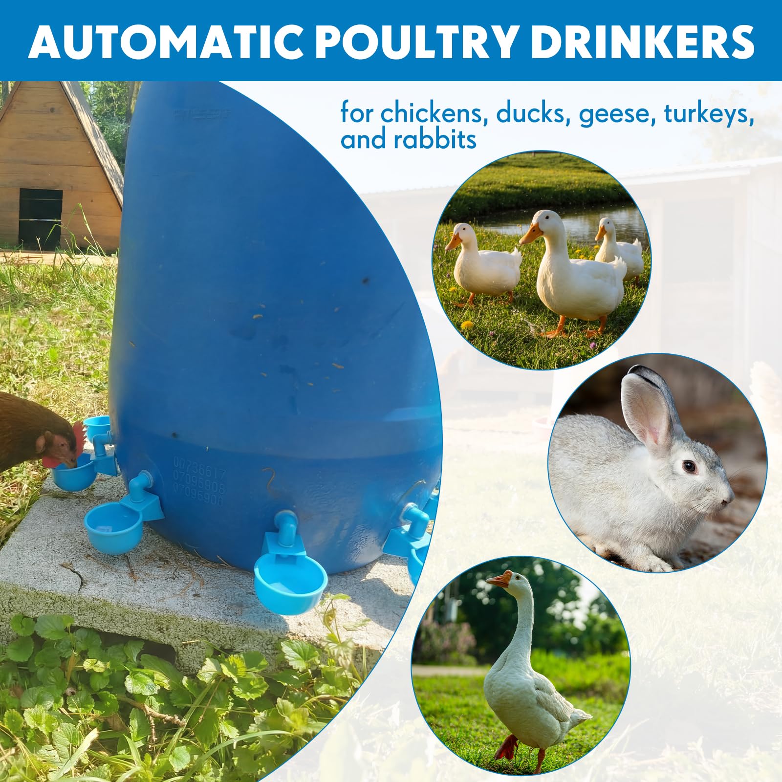 LemonRoad Juego de 30 vasos automáticos para bebederos de pollo con cuenco de 1/2 pulgada de PVC para beber, abridor de agujeros de montaje para aves de corral, dispensador de agua para pato, ganso