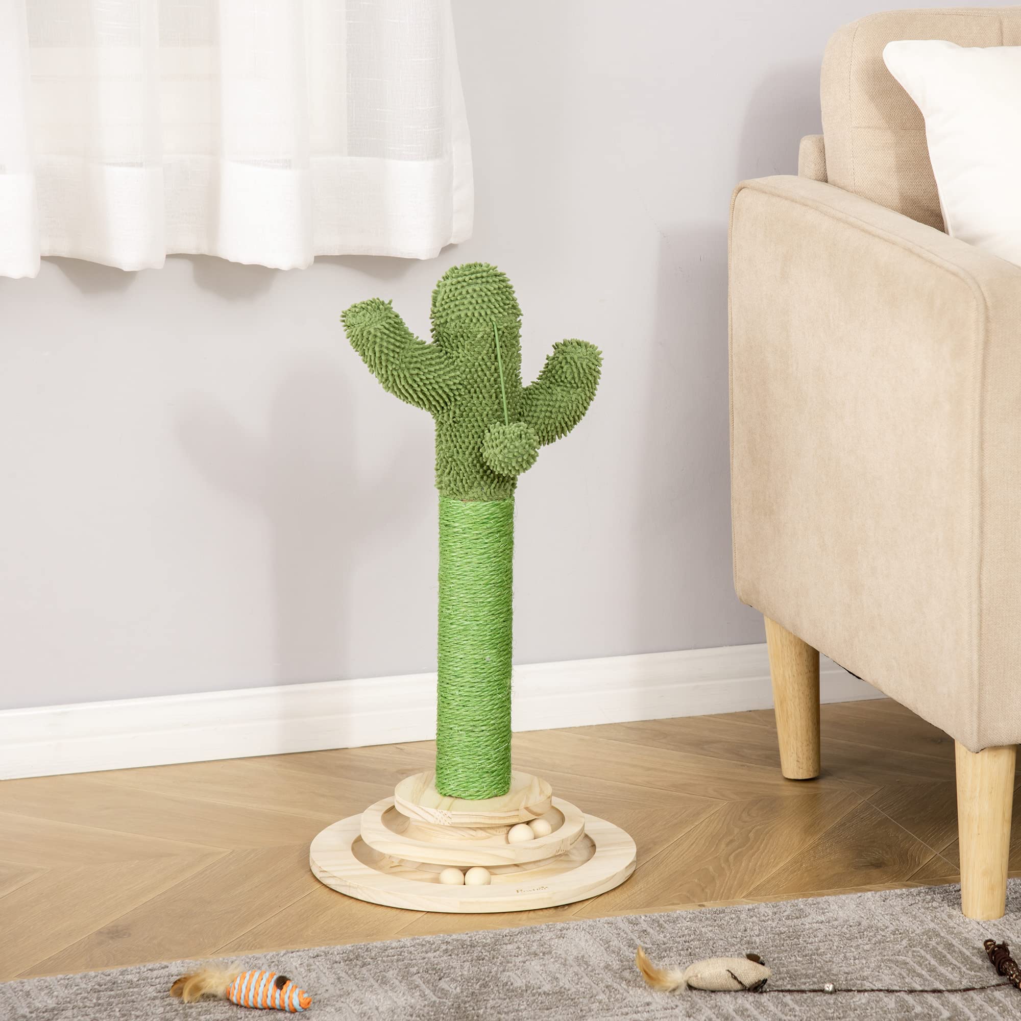 PawHut Poste Rascador para Gatos en Forma de Cactus 32x32x60 cm Verde | Pequeño Árbol Rascador para Gatos, Poste de Sisal y Felpa, Pelota Colgante, Base con Juego de Madera