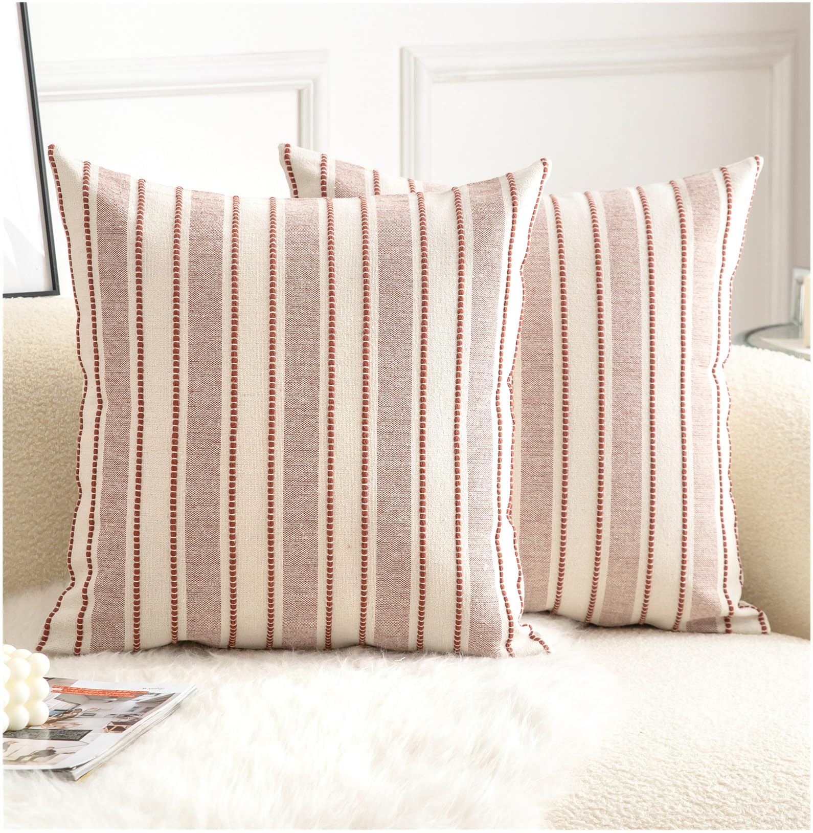 cethom decorative boho throw pillow covers, farmhouse textured pillow case, 20 x 20 inch set of 2, chair sofa bedroom living room home decor couch cushion case, rust and beige striped