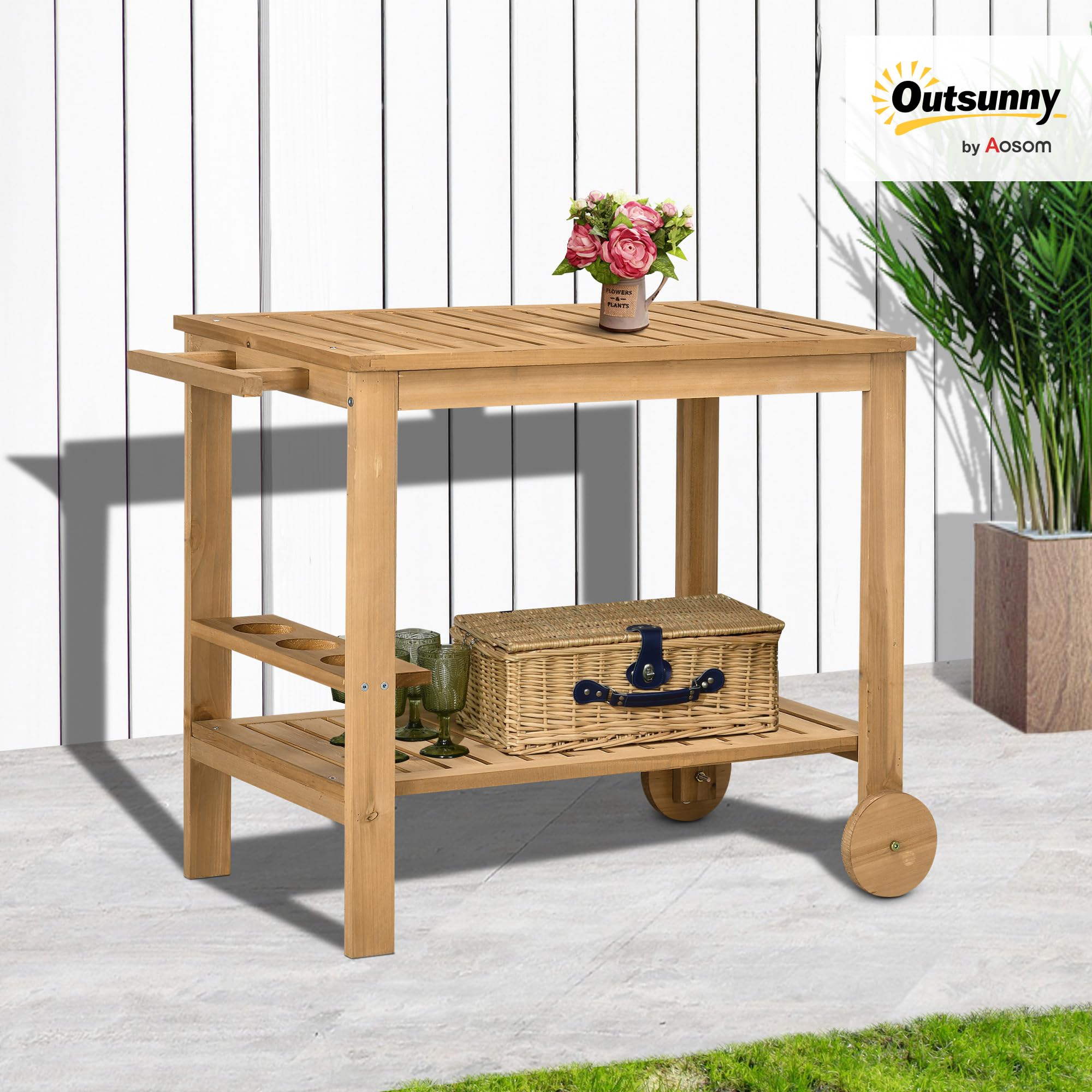 Outsunny Carrello Portavivande da Giardino, Carrellino 95x47x74 cm Legno | Legno di Abete, 2 Ripiani a Doghe, Carrello di Servizio, 3 Portabottiglie e Maniglia, per Patio Terrazza